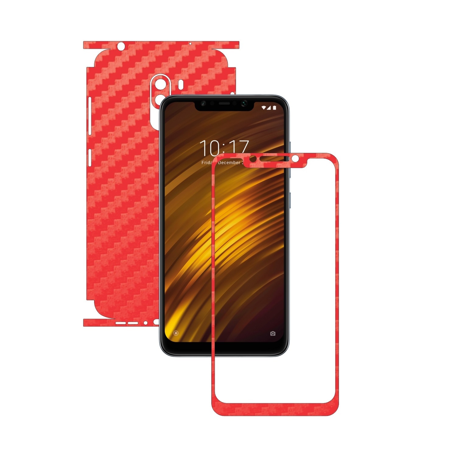 Folie Protectie Carbon Skinz pentru Xiaomi Pocophone F1 - Carbon Rosu 360 Cut, Skin Adeziv Full Body Cover pentru Rama Ecran, Carcasa Spate si Laterale