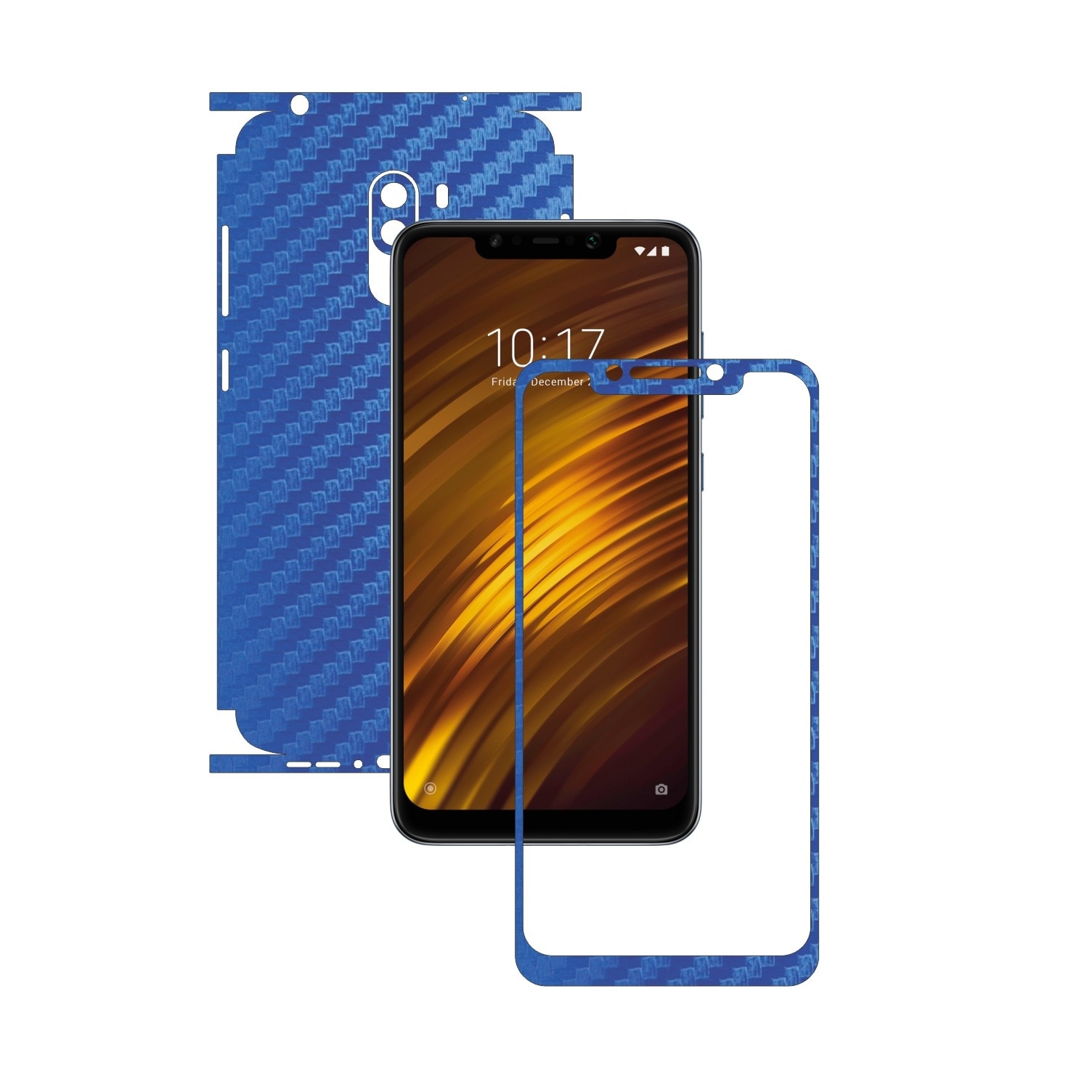 Folie Protectie Carbon Skinz pentru Xiaomi Pocophone F1 - Carbon Albastru 360 Cut, Skin Adeziv Full Body Cover pentru Rama Ecran, Carcasa Spate si Laterale