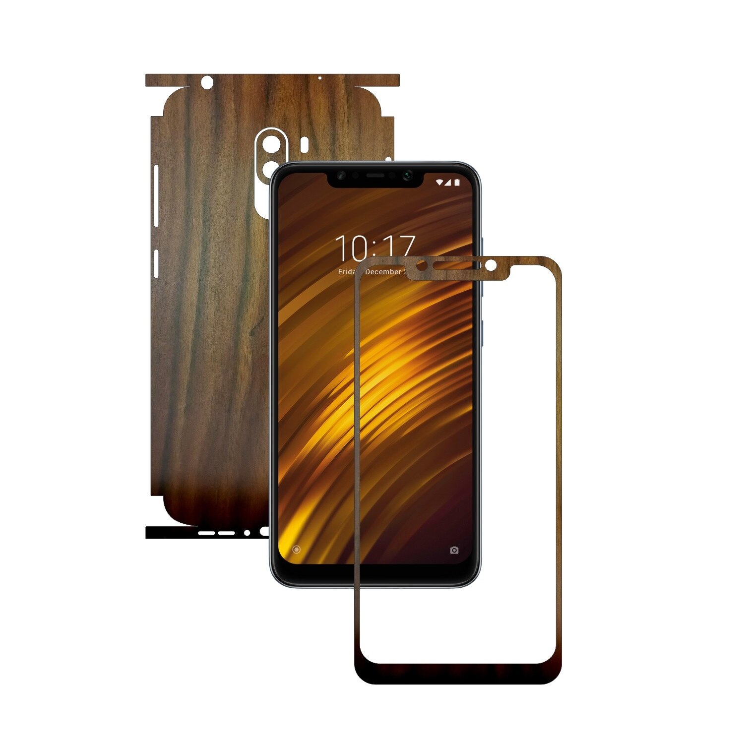 Folie Protectie Carbon Skinz pentru Xiaomi Pocophone F1 - Lemn Nuc 360 Cut, Skin Adeziv Full Body Cover pentru Rama Ecran, Carcasa Spate si Laterale