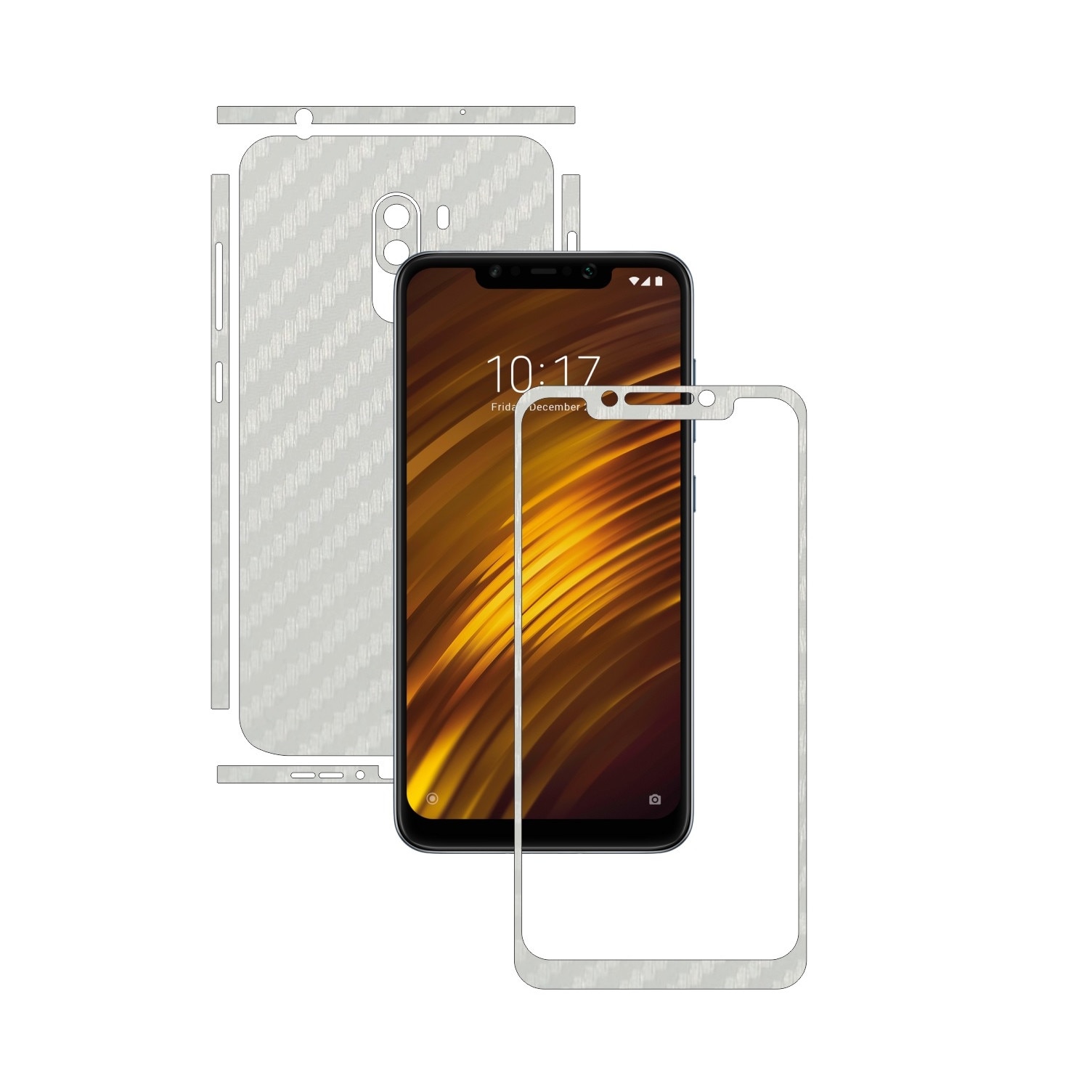 Folie Protectie Carbon Skinz pentru Xiaomi Pocophone F1 - Carbon Alb Split Cut, Skin Adeziv Full Body Cover pentru Rama Ecran, Carcasa Spate si Laterale