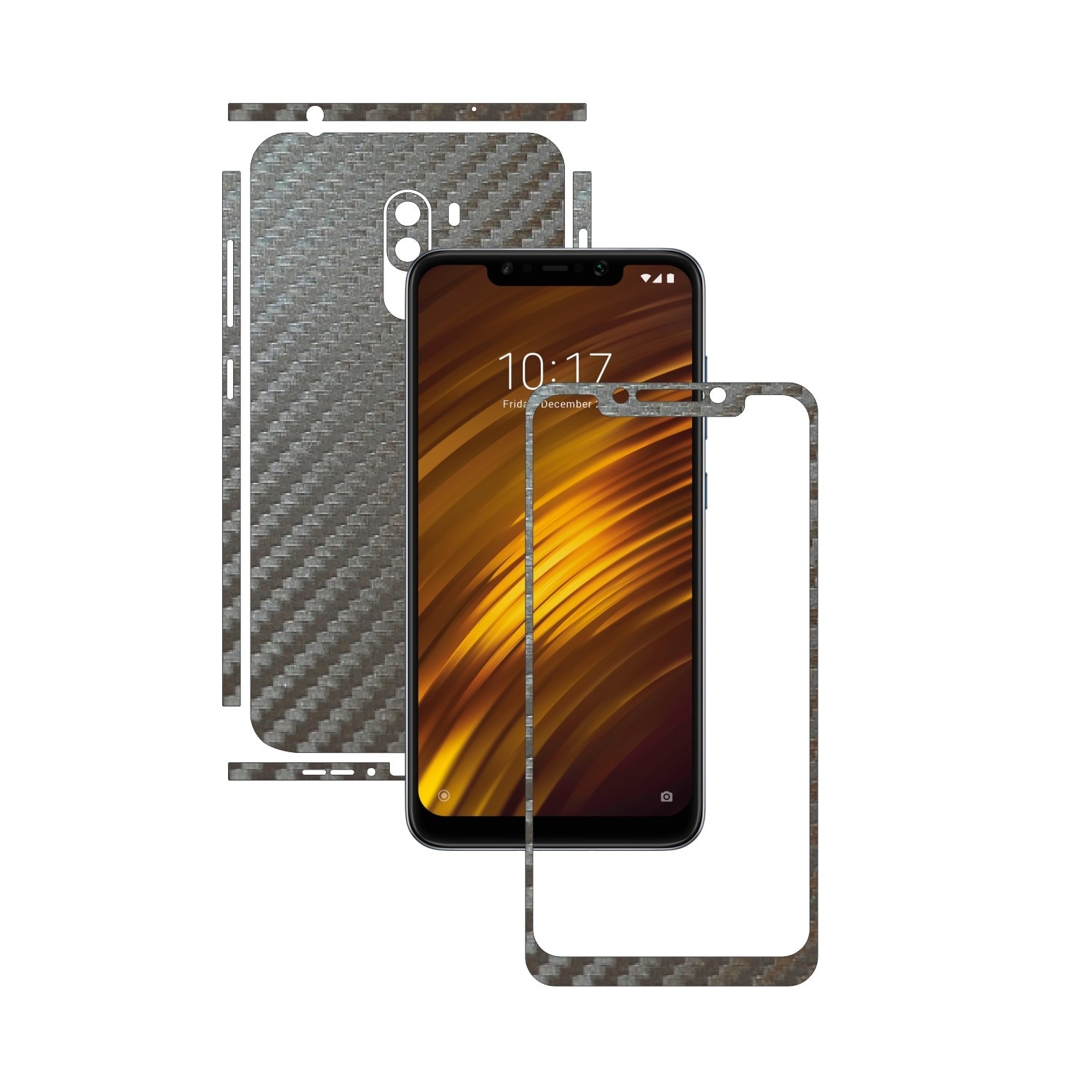 Folie Protectie Carbon Skinz pentru Xiaomi Pocophone F1 - Carbon Gri Argintiu Split Cut, Skin Adeziv Full Body Cover pentru Rama Ecran, Carcasa Spate si Laterale