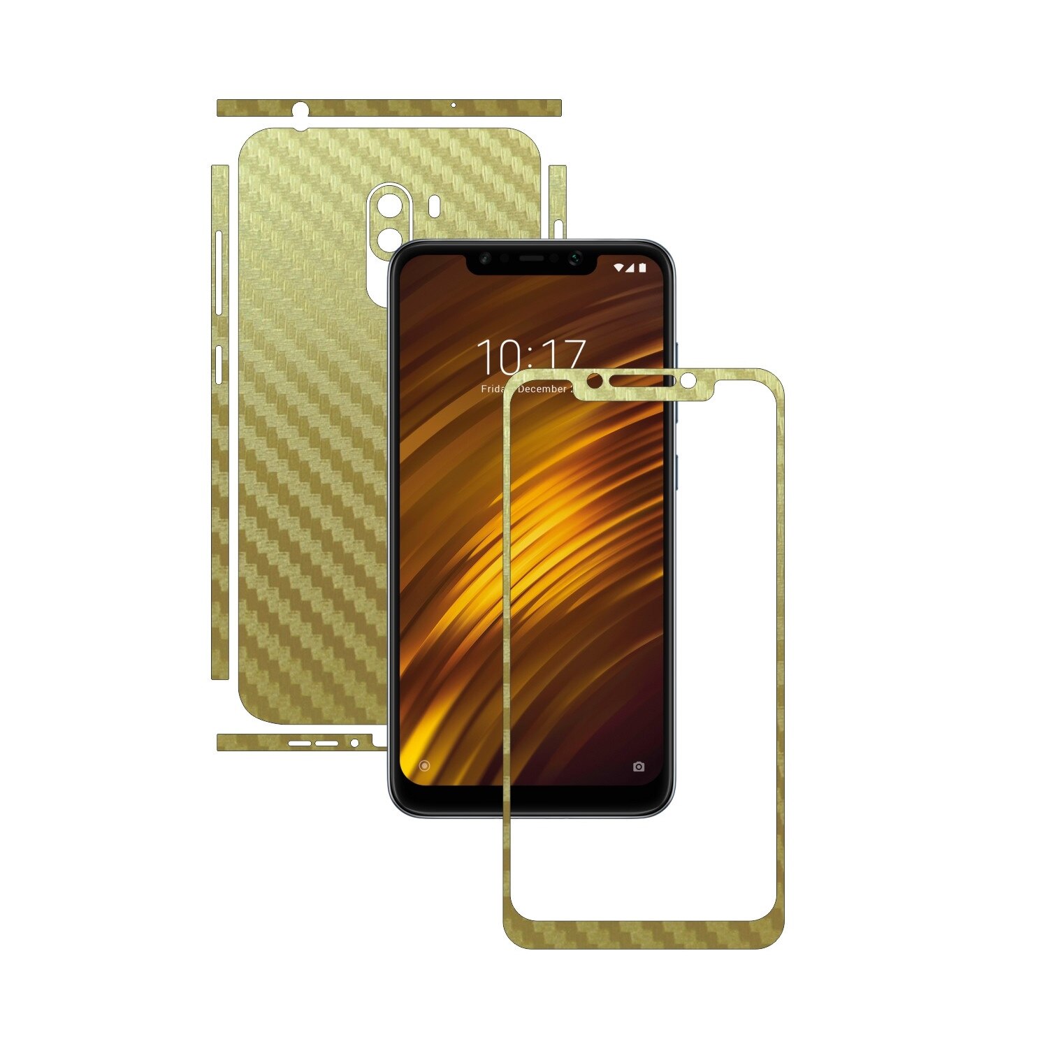 Folie Protectie Carbon Skinz pentru Xiaomi Pocophone F1 - Carbon Auriu Split Cut, Skin Adeziv Full Body Cover pentru Rama Ecran, Carcasa Spate si Laterale
