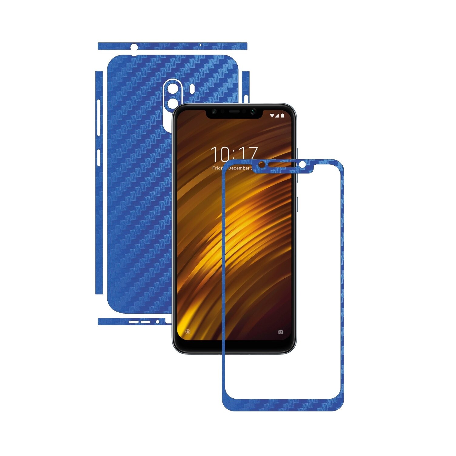 Folie Protectie Carbon Skinz pentru Xiaomi Pocophone F1 - Carbon Albastru Split Cut, Skin Adeziv Full Body Cover pentru Rama Ecran, Carcasa Spate si Laterale