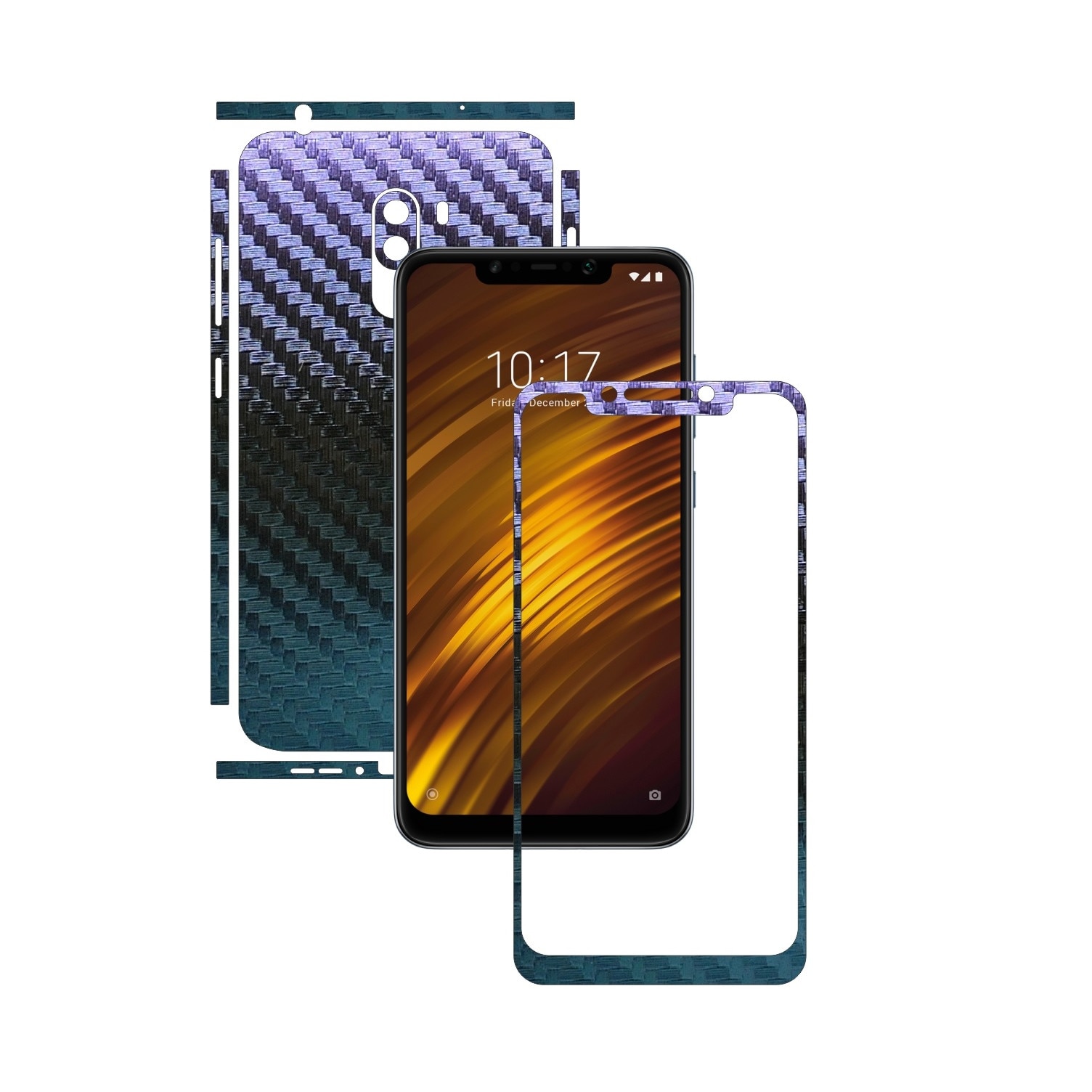 Folie Protectie Carbon Skinz pentru Xiaomi Pocophone F1 - Carbon Cameleon Split Cut, Skin Adeziv Full Body Cover pentru Rama Ecran, Carcasa Spate si Laterale