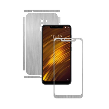 Folie Protectie Carbon Skinz pentru Xiaomi Pocophone F1 - Brushed Argintiu Split Cut, Skin Adeziv Full Body Cover pentru Rama Ecran, Carcasa Spate si Laterale