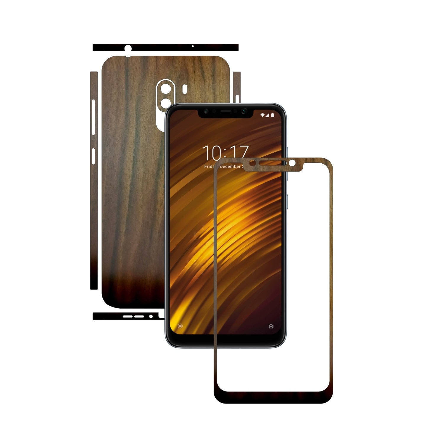 Folie Protectie Carbon Skinz pentru Xiaomi Pocophone F1 - Lemn Nuc Split Cut, Skin Adeziv Full Body Cover pentru Rama Ecran, Carcasa Spate si Laterale
