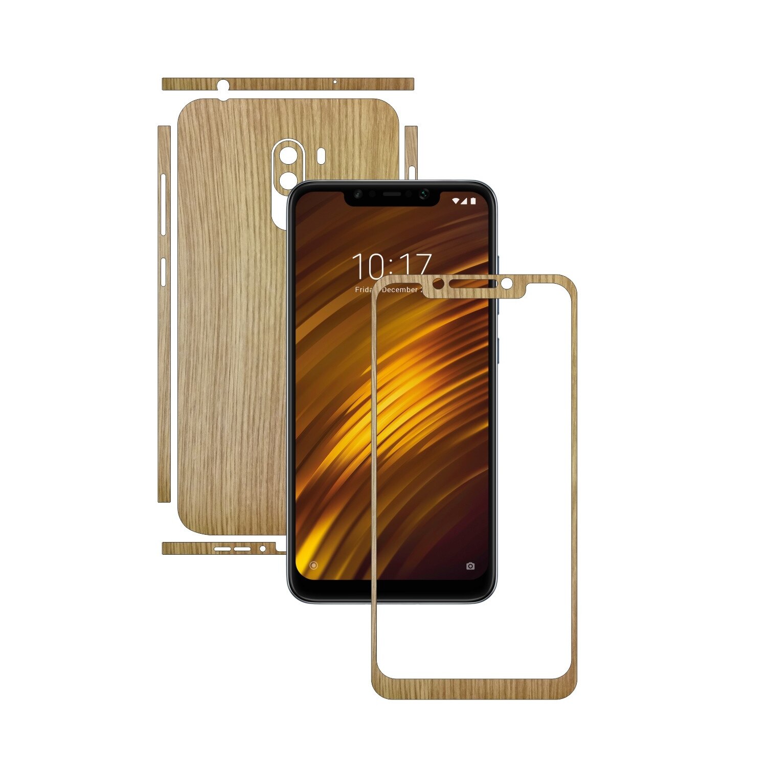Folie Protectie Carbon Skinz pentru Xiaomi Pocophone F1 - Lemn Stejar Split Cut, Skin Adeziv Full Body Cover pentru Rama Ecran, Carcasa Spate si Laterale