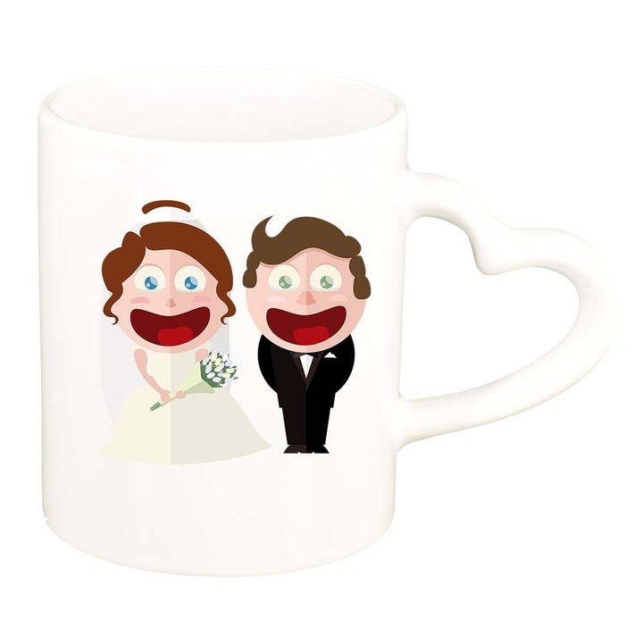 Cana "Drawn Married Couple", alb, maner inima, 330ml, D1000