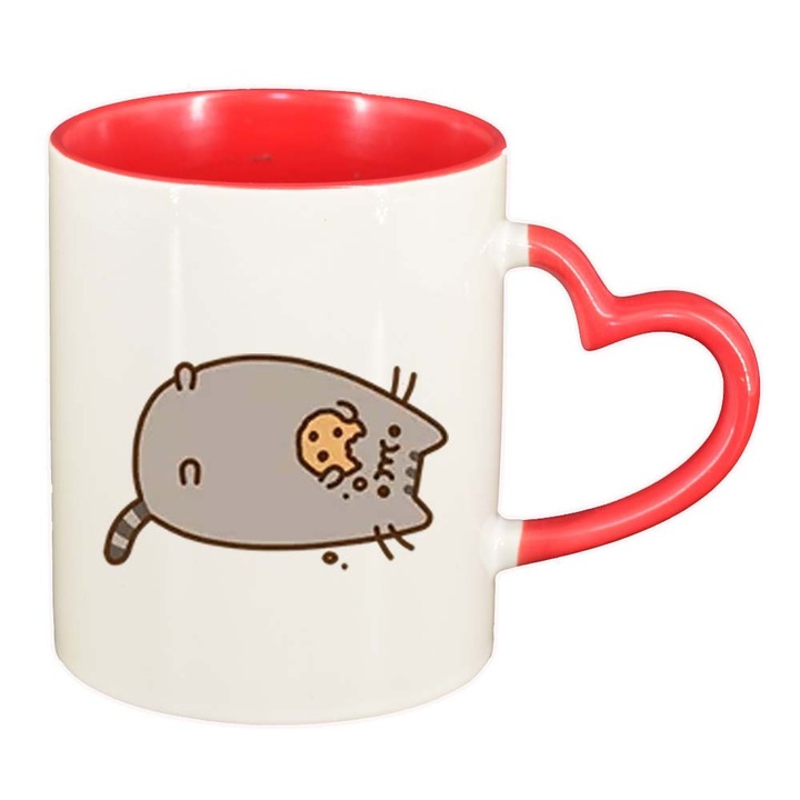 Cana "Emoji Cat", interior rosu, maner inima, 330ml, D1011