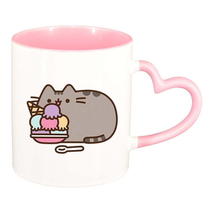 Cana "Emoji Cat", interior roz, maner inima, 330ml, D1013