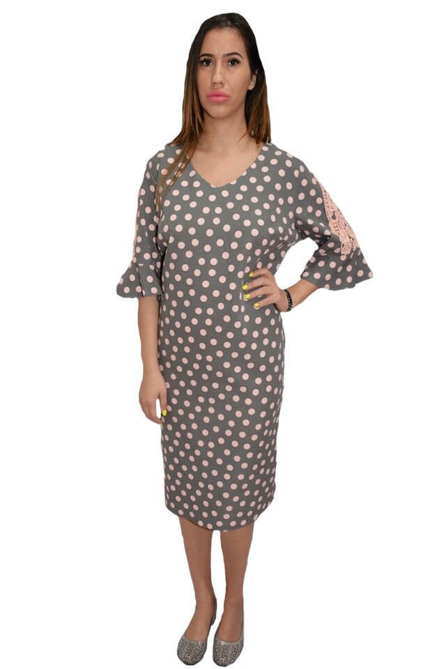 Rochie eleganta, cu buline si insertie de dantela, D&J Exclusive, Gri