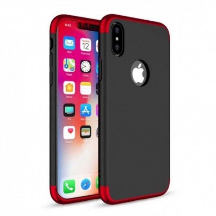 Защитен калъф за iPhone X, черен-червен, цял корпус отпред-отзад, твърд калъф
