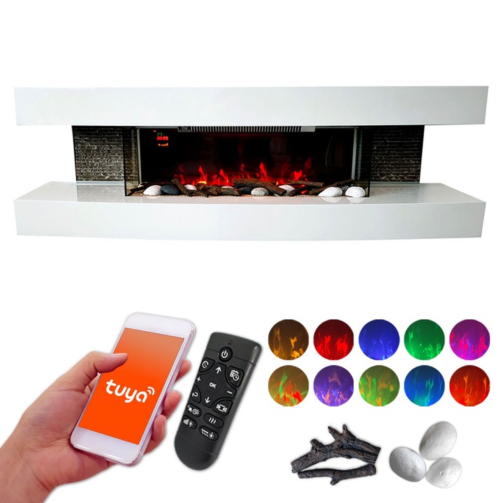 Elektromos kandalló, Paula fehér, ElectricSun, Nagy SZ150xM46x31cm, hanghatással, WiFi és Tuya mobilalkalmazással