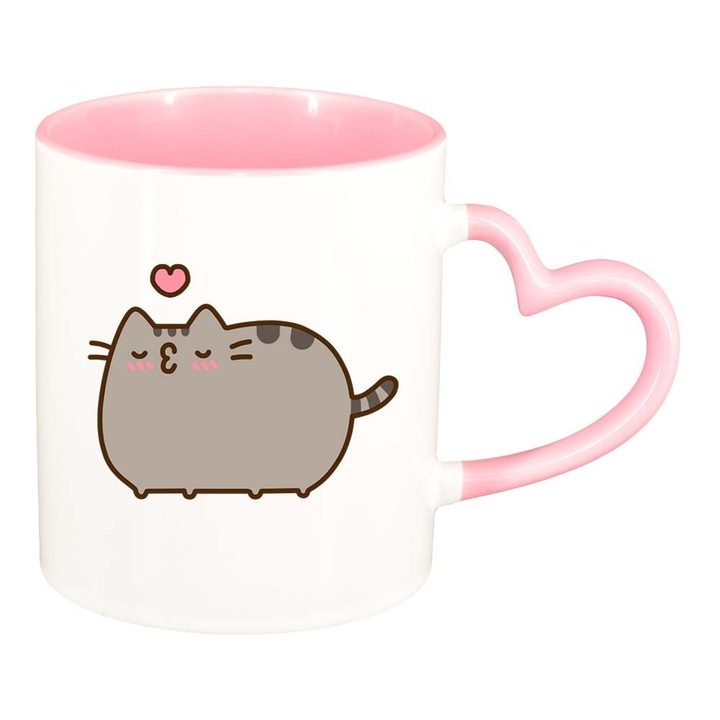 Cana "Emoji Cat", interior roz, maner inima, 330ml, D1014