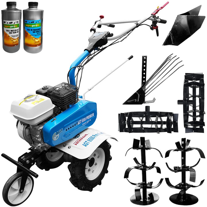 Pachet motosapa Premium AGT 6500, Honda GP200, freze segmentabile 90cm, roti cauciuc, rarita fixa, roti metal, plug cartofi + Cadou 1l Ulei motor AgroPro, 1l Ulei transmisie AgroPro