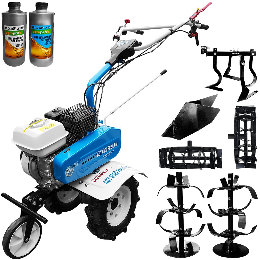 Pachet motosapa Premium AGT 6500, Honda GP200, freze segmentabile 90cm, roti cauciuc, rarita fixa, roti metal, Cultivator + Cadou 1l Ulei motor AgroPro, 1l Ulei transmisie AgroPro