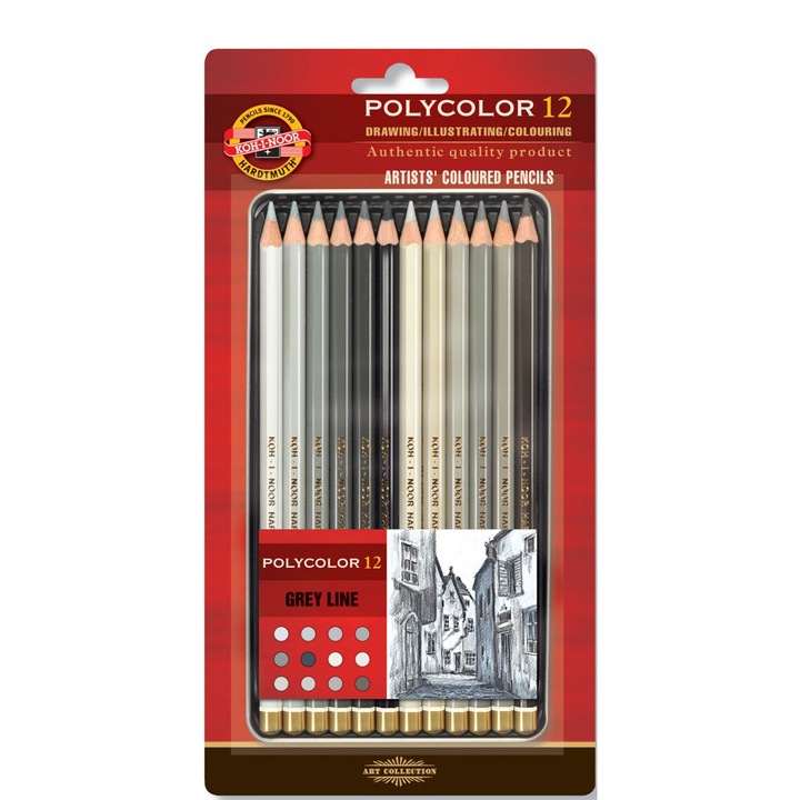 Комплект цветни моливи Polycolor, 12 нюанса сиво