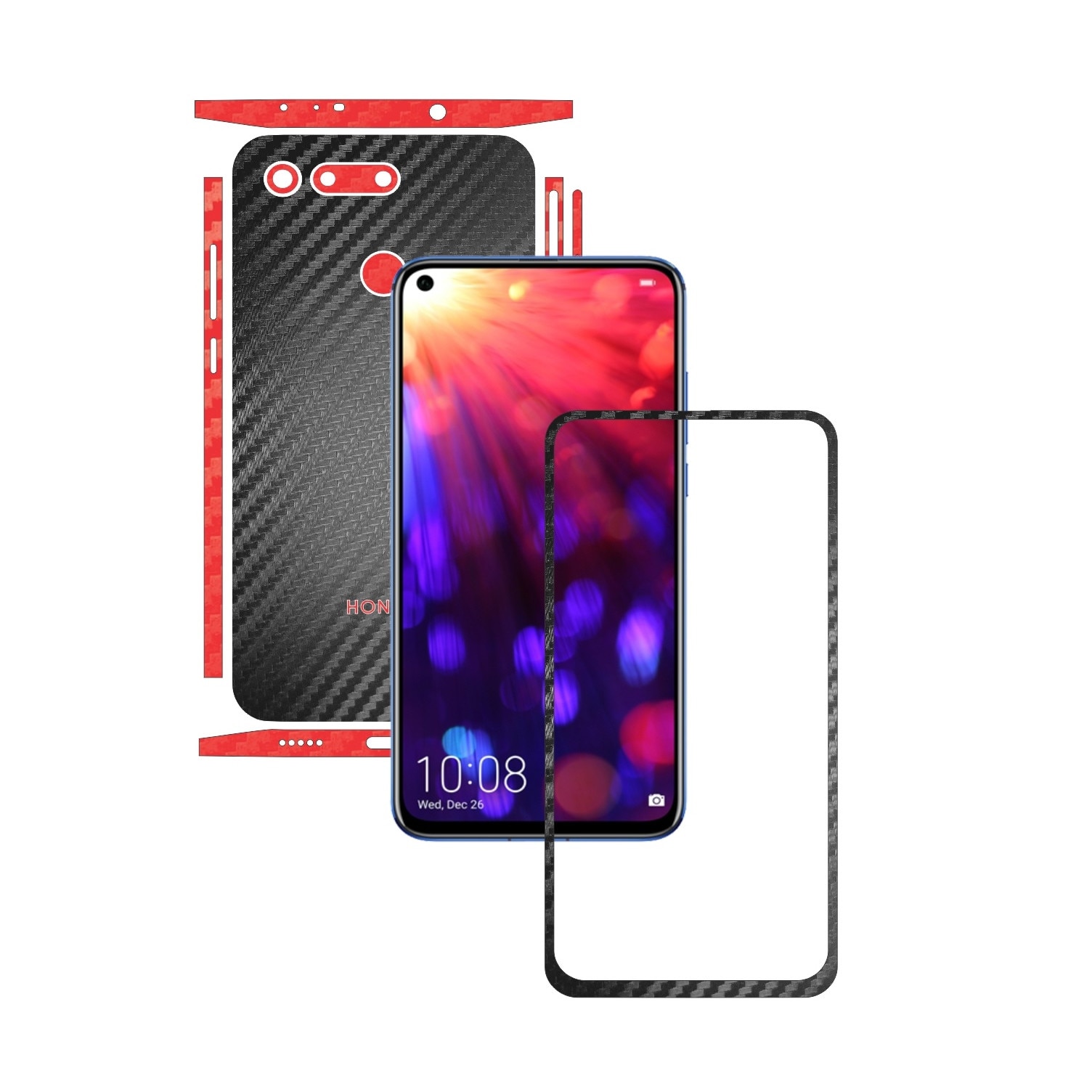 Folie Protectie Carbon Skinz pentru Huawei Honor View20 - Carbon Two Tone Negru / Rosu, Skin Adeziv Full Body Cover pentru Rama Ecran, Carcasa Spate si Laterale