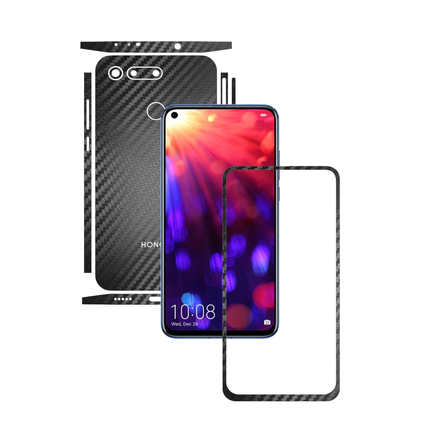 Folie Protectie Carbon Skinz pentru Huawei Honor View20 - Carbon Negru Split Cut, Skin Adeziv Full Body Cover pentru Rama Ecran, Carcasa Spate si Laterale