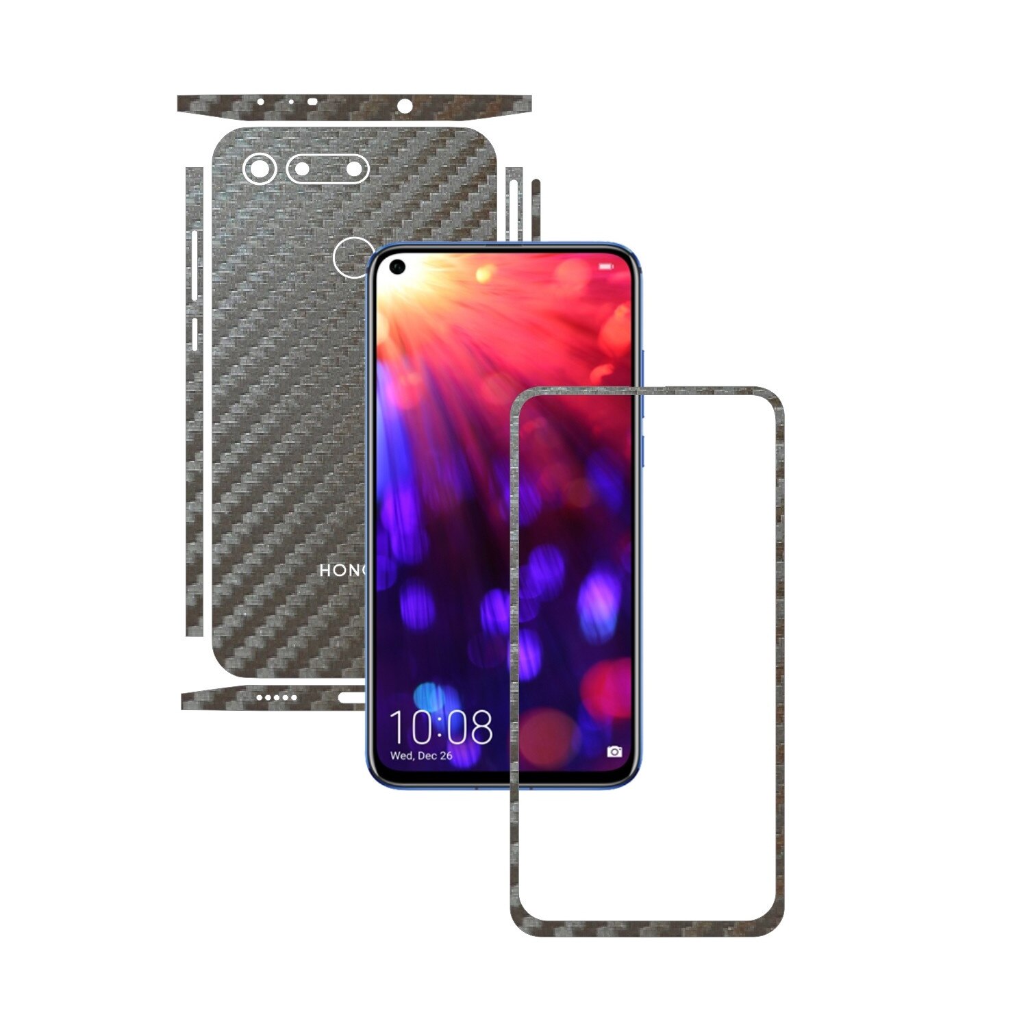 Folie Protectie Carbon Skinz pentru Huawei Honor View20 - Carbon Gri Argintiu Split Cut, Skin Adeziv Full Body Cover pentru Rama Ecran, Carcasa Spate si Laterale