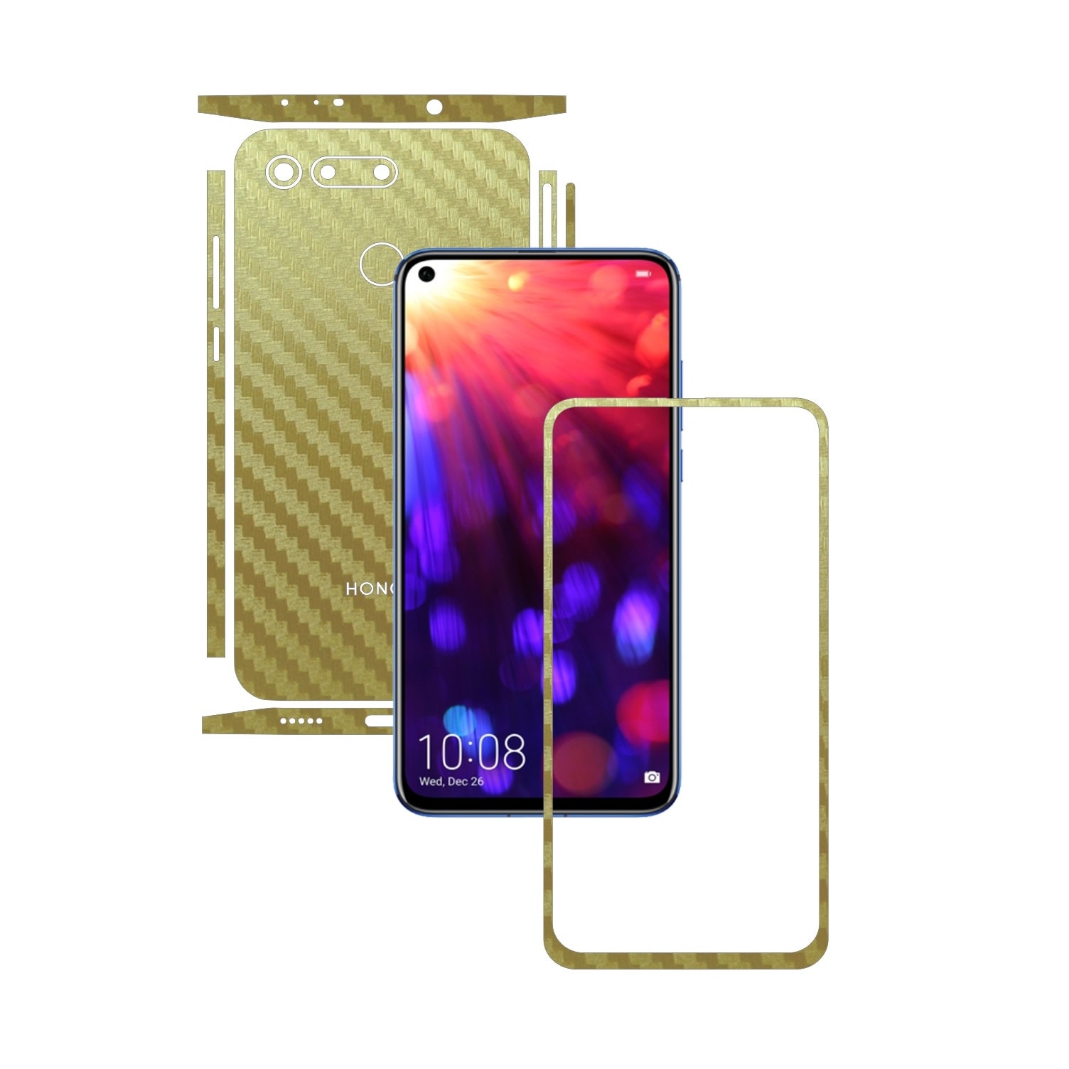 Folie Protectie Carbon Skinz pentru Huawei Honor View20 - Carbon Auriu Split Cut, Skin Adeziv Full Body Cover pentru Rama Ecran, Carcasa Spate si Laterale