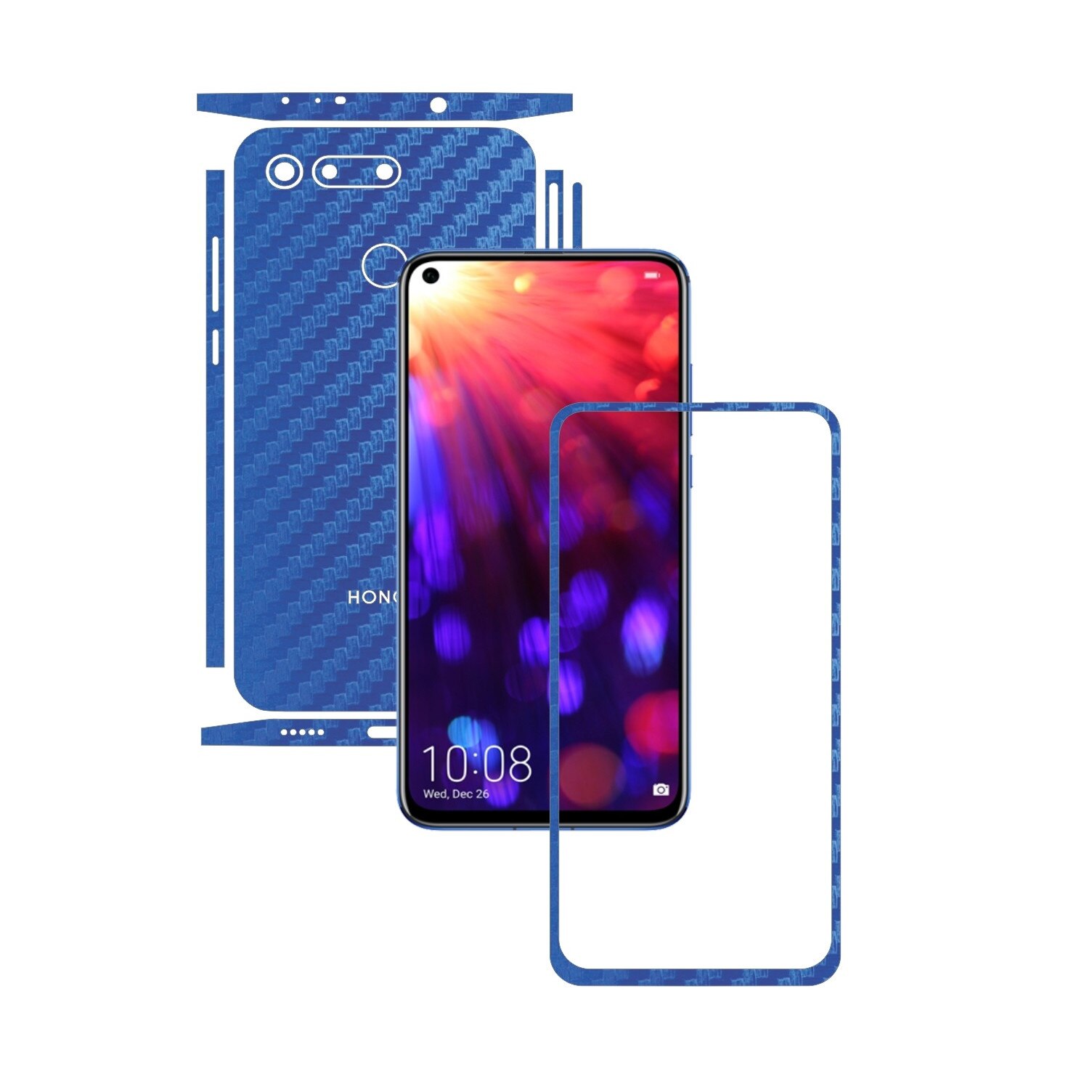 Folie Protectie Carbon Skinz pentru Huawei Honor View20 - Carbon Albastru Split Cut, Skin Adeziv Full Body Cover pentru Rama Ecran, Carcasa Spate si Laterale