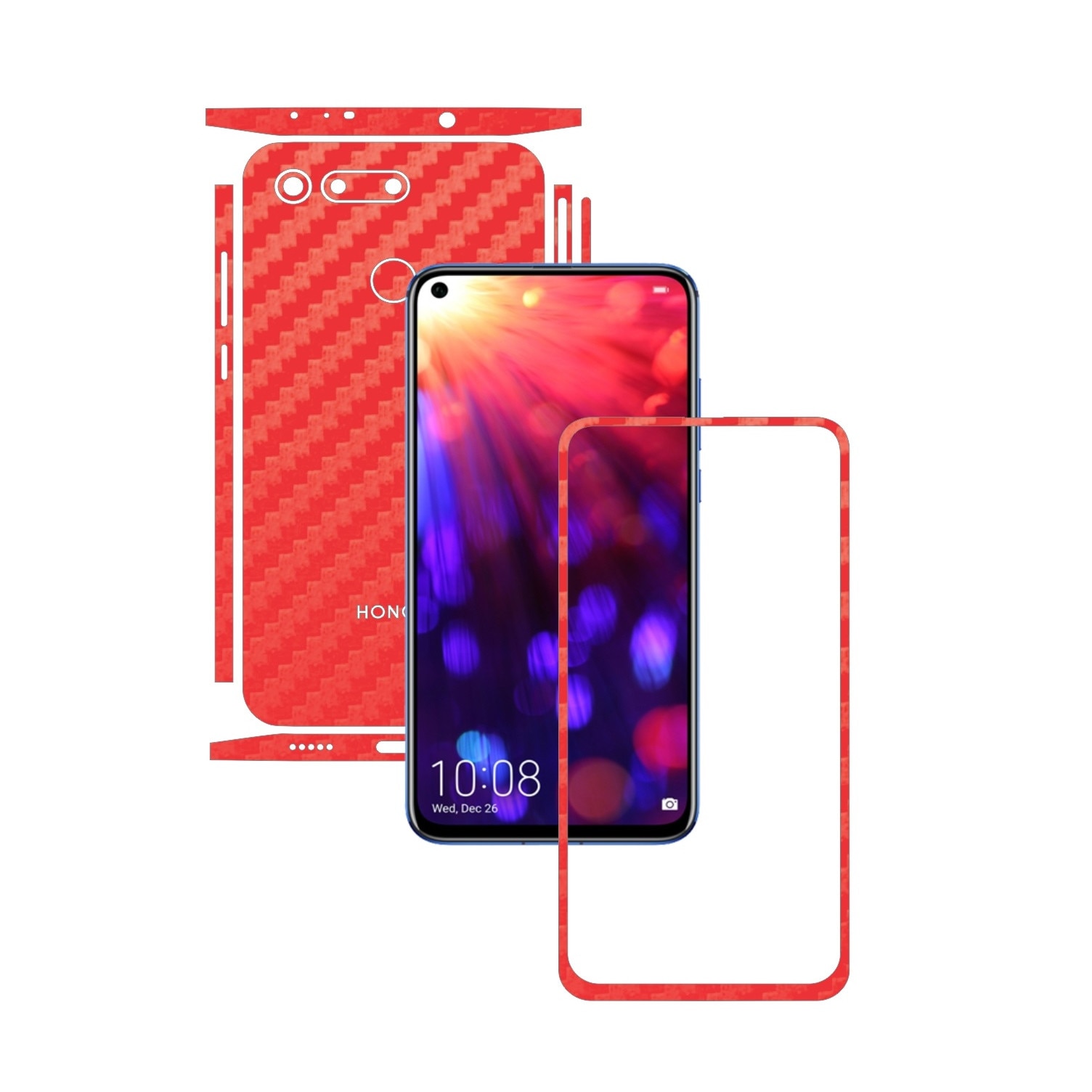 Folie Protectie Carbon Skinz pentru Huawei Honor View20 - Carbon Rosu Split Cut, Skin Adeziv Full Body Cover pentru Rama Ecran, Carcasa Spate si Laterale