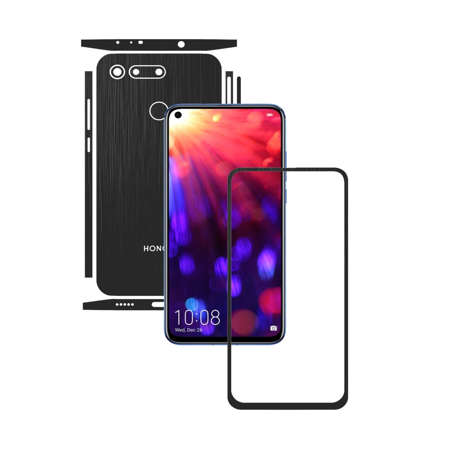 Folie Protectie Carbon Skinz pentru Huawei Honor View20 - Brushed Negru Split Cut, Skin Adeziv Full Body Cover pentru Rama Ecran, Carcasa Spate si Laterale
