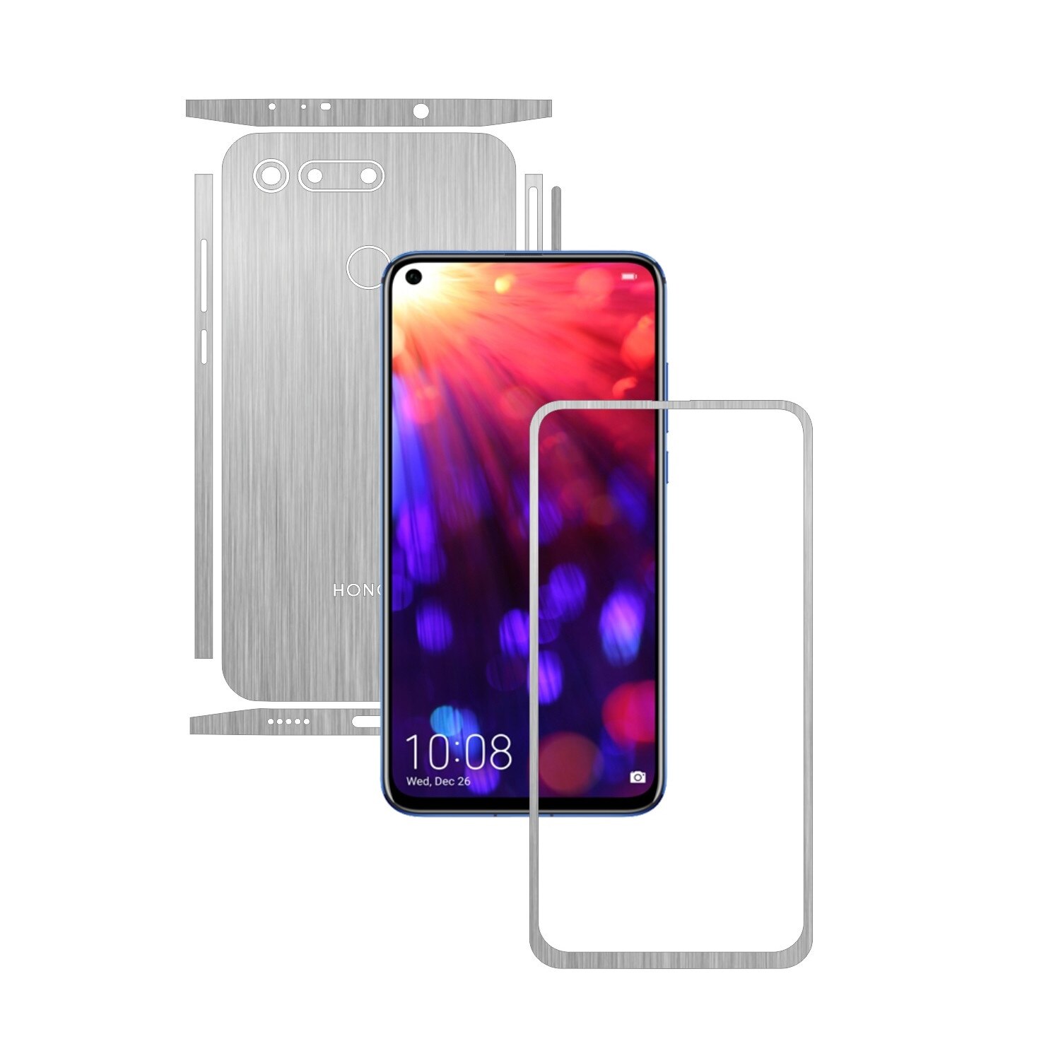 Folie Protectie Carbon Skinz pentru Huawei Honor View20 - Brushed Argintiu Split Cut, Skin Adeziv Full Body Cover pentru Rama Ecran, Carcasa Spate si Laterale