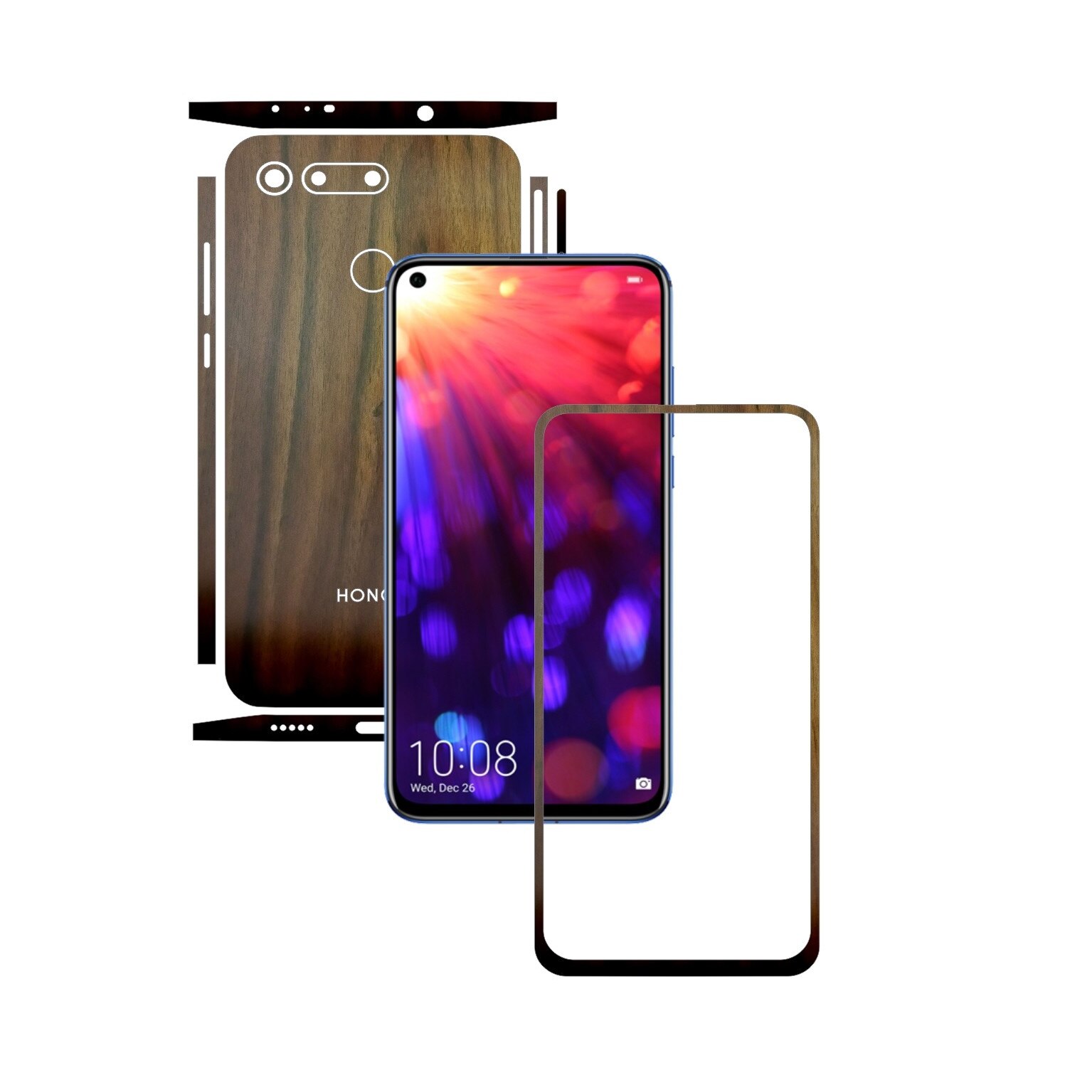 Folie Protectie Carbon Skinz pentru Huawei Honor View20 - Lemn Nuc Split Cut, Skin Adeziv Full Body Cover pentru Rama Ecran, Carcasa Spate si Laterale