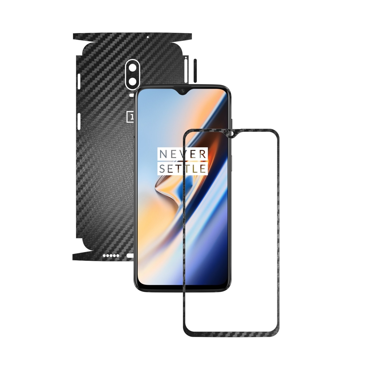 Folie Protectie Carbon Skinz pentru OnePlus 6T - Carbon Negru 360 Cut, Skin Adeziv Full Body Cover pentru Rama Ecran, Carcasa Spate si Laterale