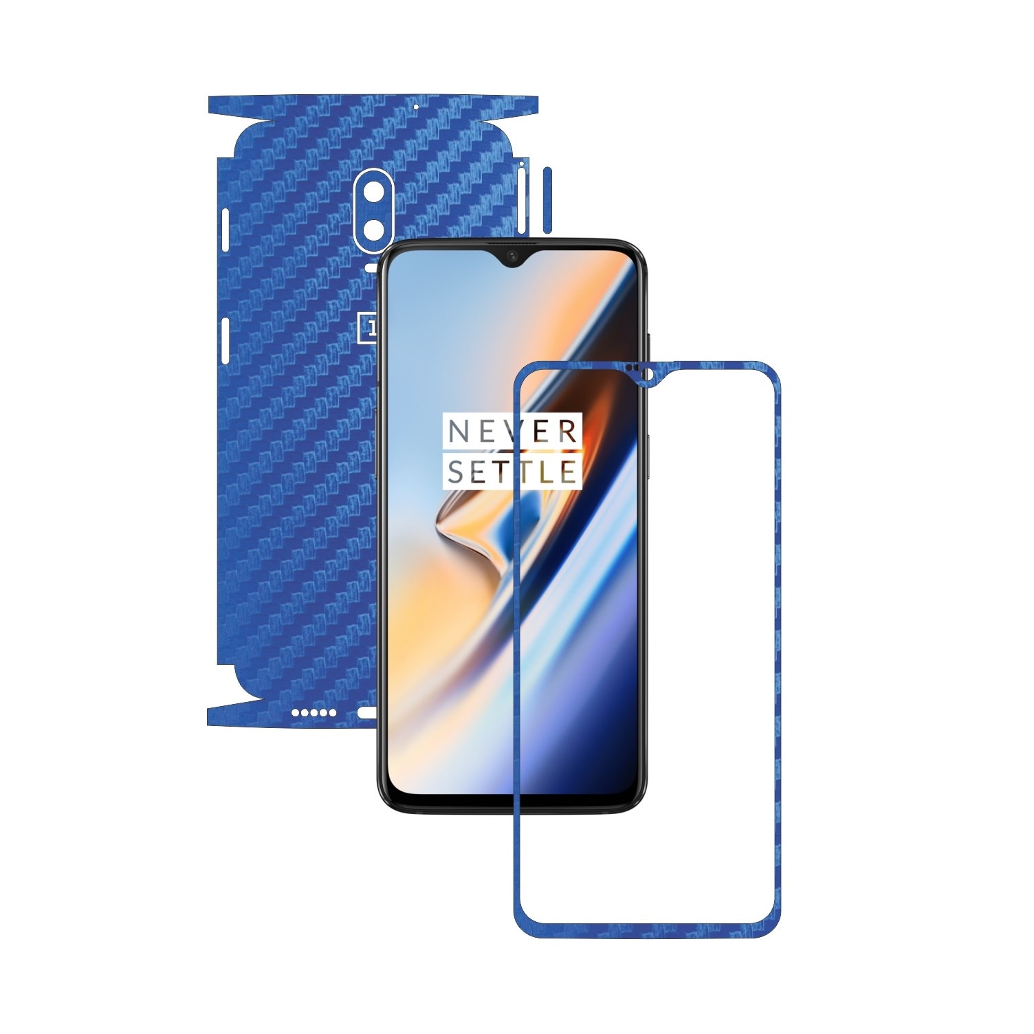 Folie Protectie Carbon Skinz pentru OnePlus 6T - Carbon Albastru 360 Cut, Skin Adeziv Full Body Cover pentru Rama Ecran, Carcasa Spate si Laterale