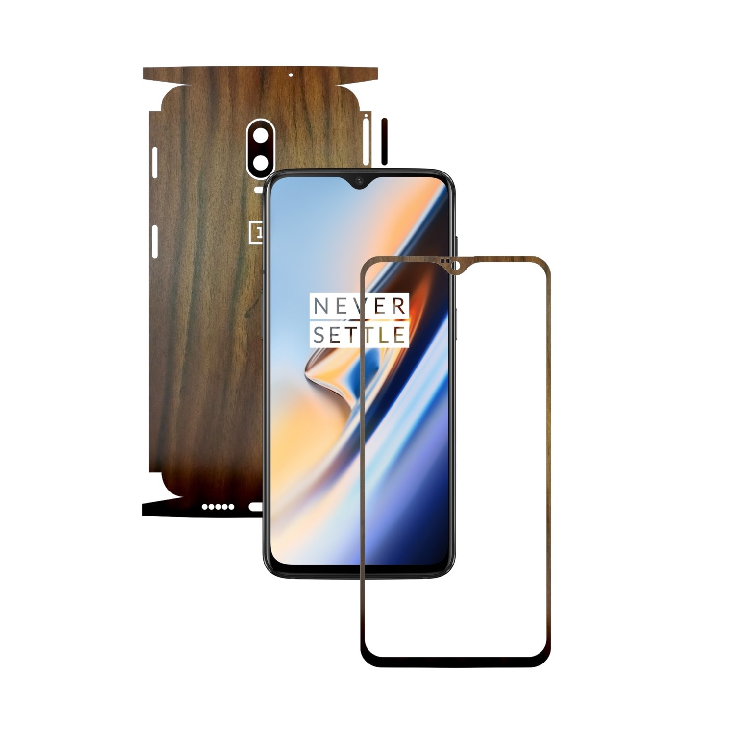 Folie Protectie Carbon Skinz pentru OnePlus 6T - Lemn Nuc 360 Cut, Skin Adeziv Full Body Cover pentru Rama Ecran, Carcasa Spate si Laterale