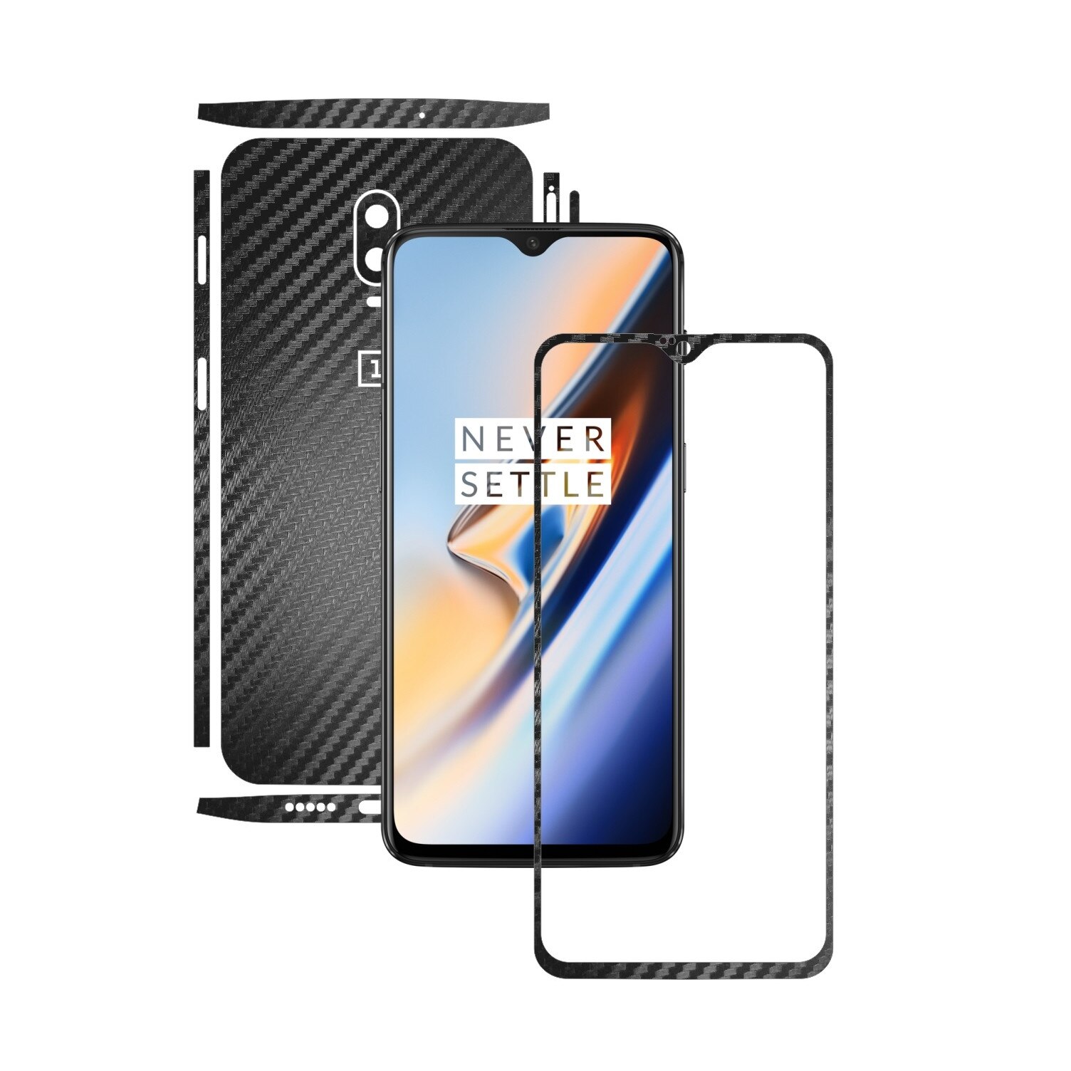 Folie Protectie Carbon Skinz pentru OnePlus 6T - Carbon Negru Split Cut, Skin Adeziv Full Body Cover pentru Rama Ecran, Carcasa Spate si Laterale