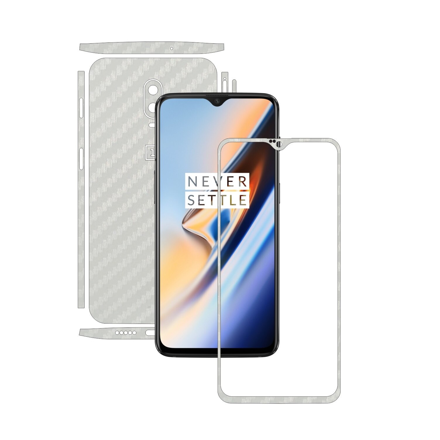 Folie Protectie Carbon Skinz pentru OnePlus 6T - Carbon Alb Split Cut, Skin Adeziv Full Body Cover pentru Rama Ecran, Carcasa Spate si Laterale