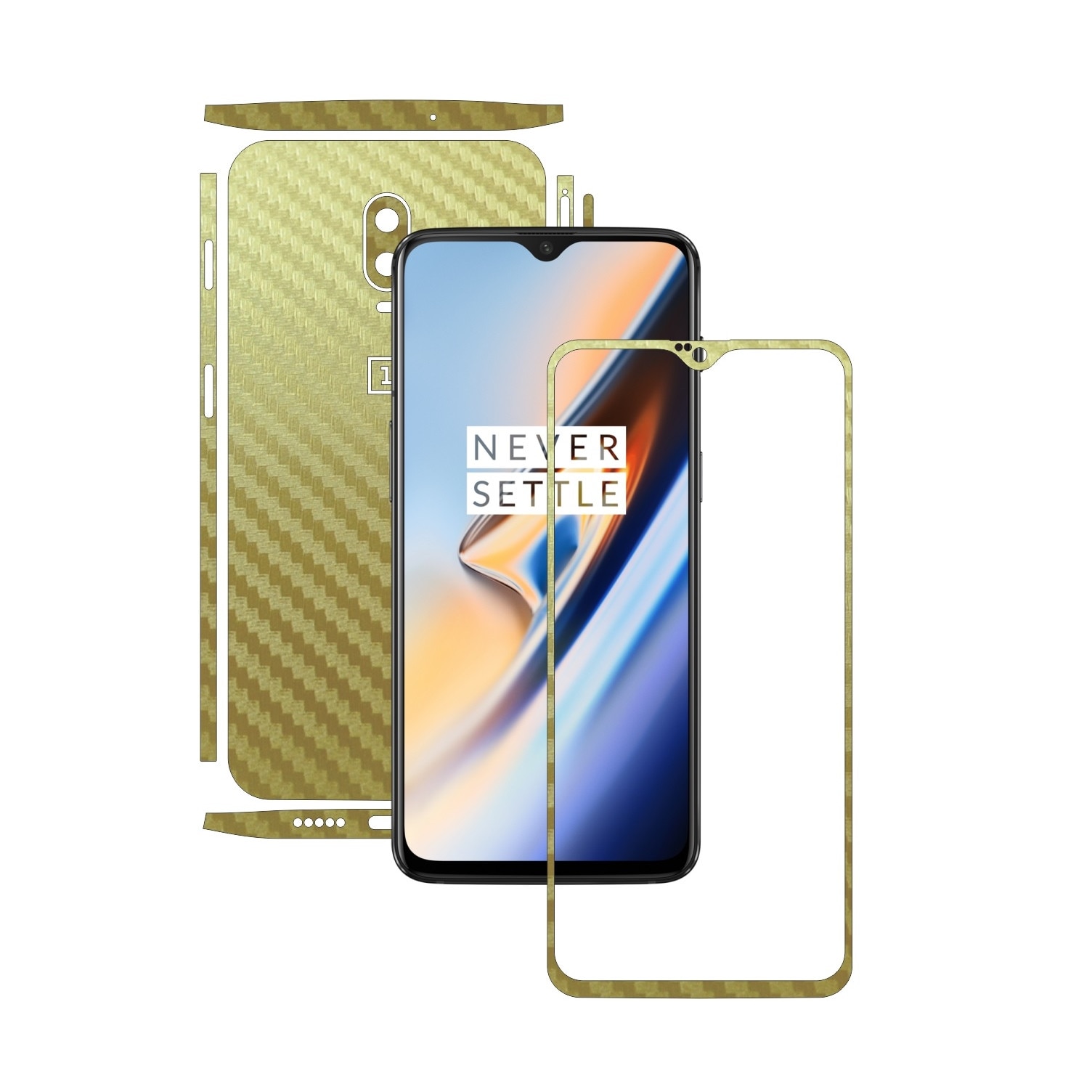 Folie Protectie Carbon Skinz pentru OnePlus 6T - Carbon Auriu Split Cut, Skin Adeziv Full Body Cover pentru Rama Ecran, Carcasa Spate si Laterale