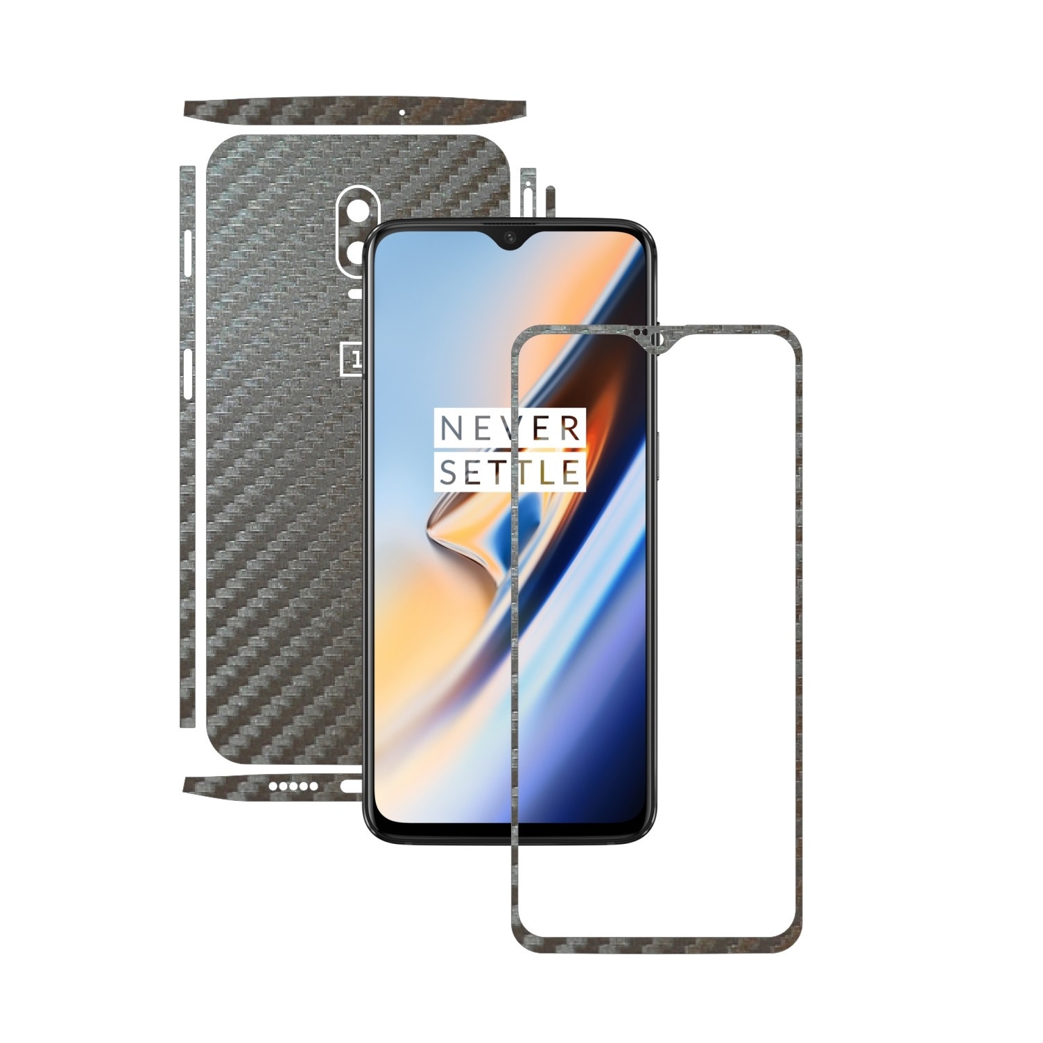 Folie Protectie Carbon Skinz pentru OnePlus 6T - Carbon Gri Argintiu Split Cut, Skin Adeziv Full Body Cover pentru Rama Ecran, Carcasa Spate si Laterale