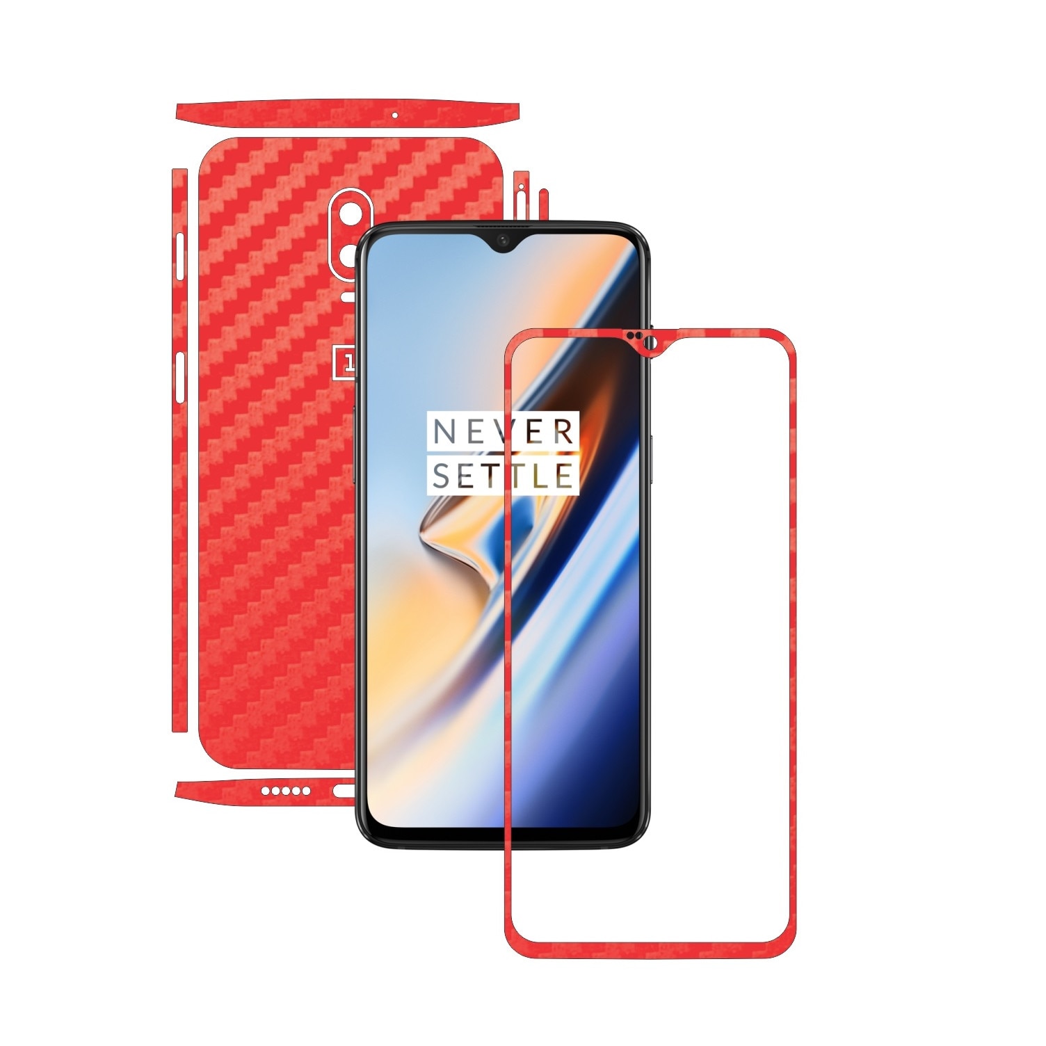Folie Protectie Carbon Skinz pentru OnePlus 6T - Carbon Rosu Split Cut, Skin Adeziv Full Body Cover pentru Rama Ecran, Carcasa Spate si Laterale