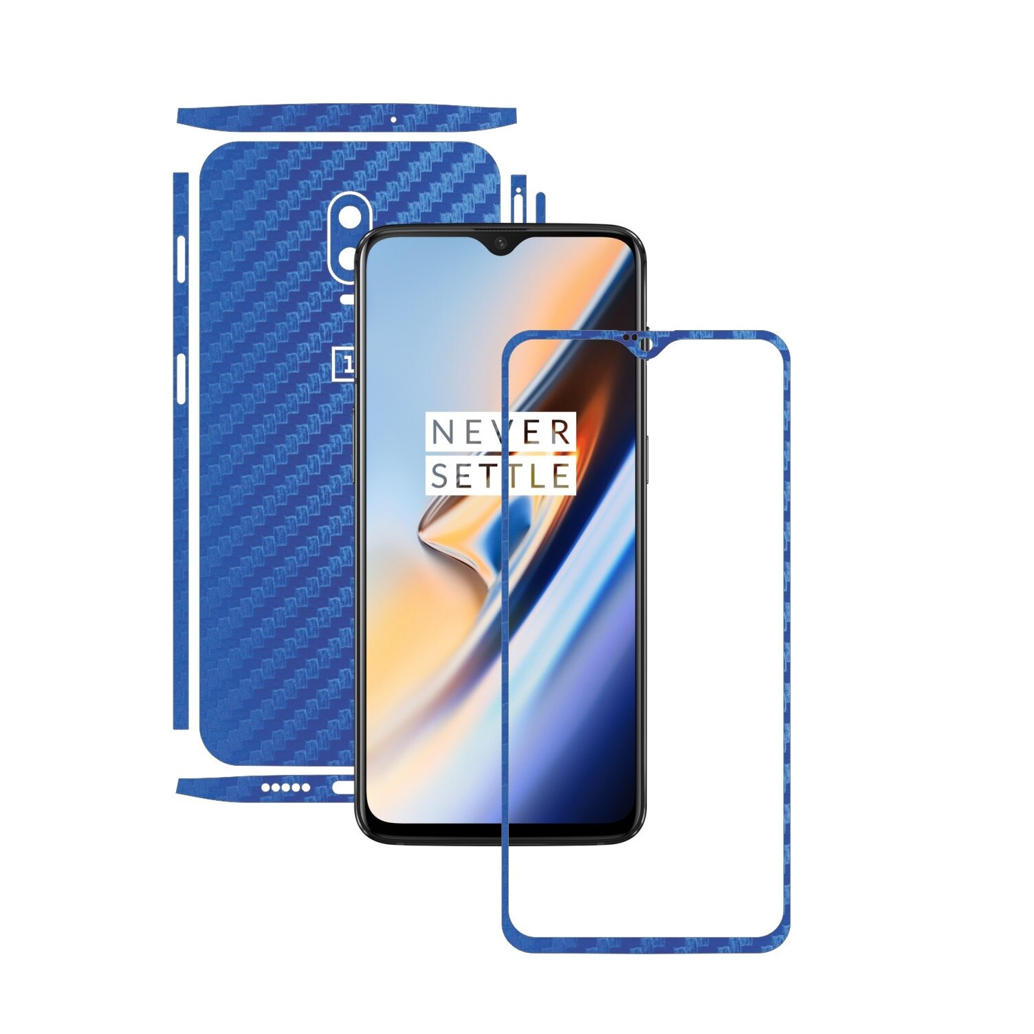 Folie Protectie Carbon Skinz pentru OnePlus 6T - Carbon Albastru Split Cut, Skin Adeziv Full Body Cover pentru Rama Ecran, Carcasa Spate si Laterale
