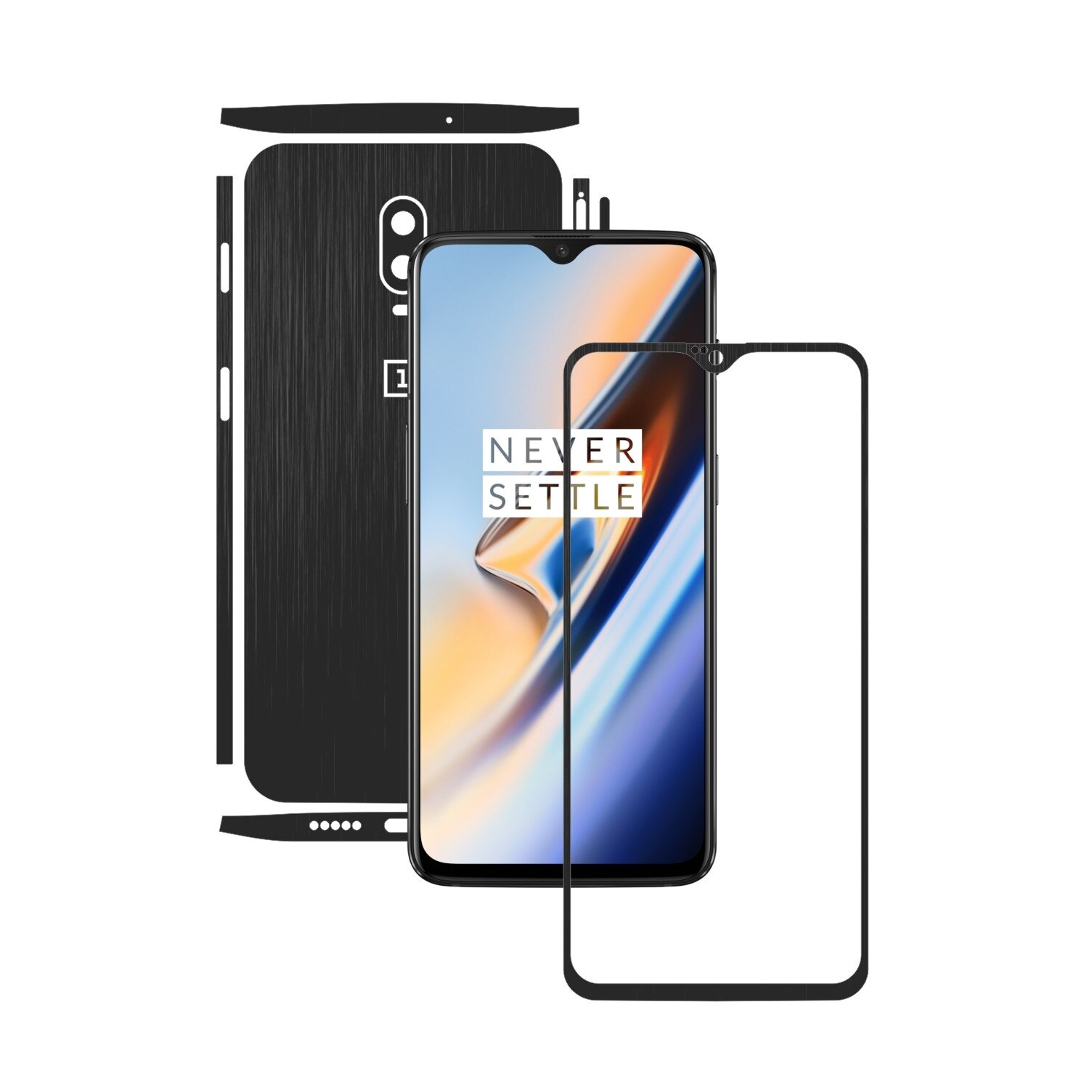 Folie Protectie Carbon Skinz pentru OnePlus 6T - Brushed Negru Split Cut, Skin Adeziv Full Body Cover pentru Rama Ecran, Carcasa Spate si Laterale