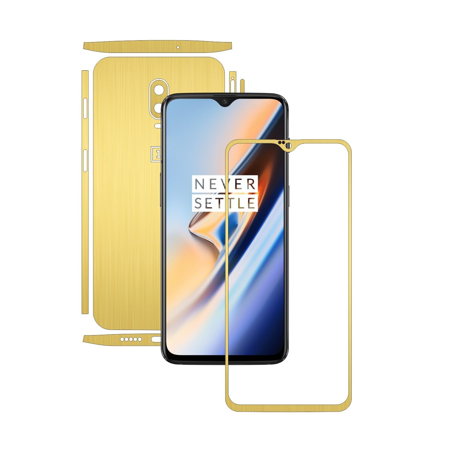 Folie Protectie Carbon Skinz pentru OnePlus 6T - Brushed Auriu Split Cut, Skin Adeziv Full Body Cover pentru Rama Ecran, Carcasa Spate si Laterale