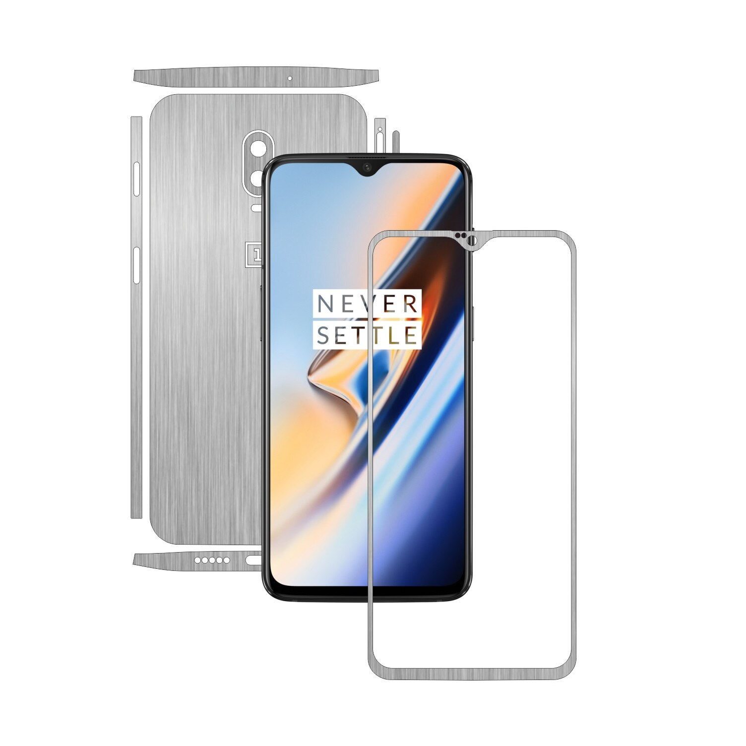 Folie Protectie Carbon Skinz pentru OnePlus 6T - Brushed Argintiu Split Cut, Skin Adeziv Full Body Cover pentru Rama Ecran, Carcasa Spate si Laterale