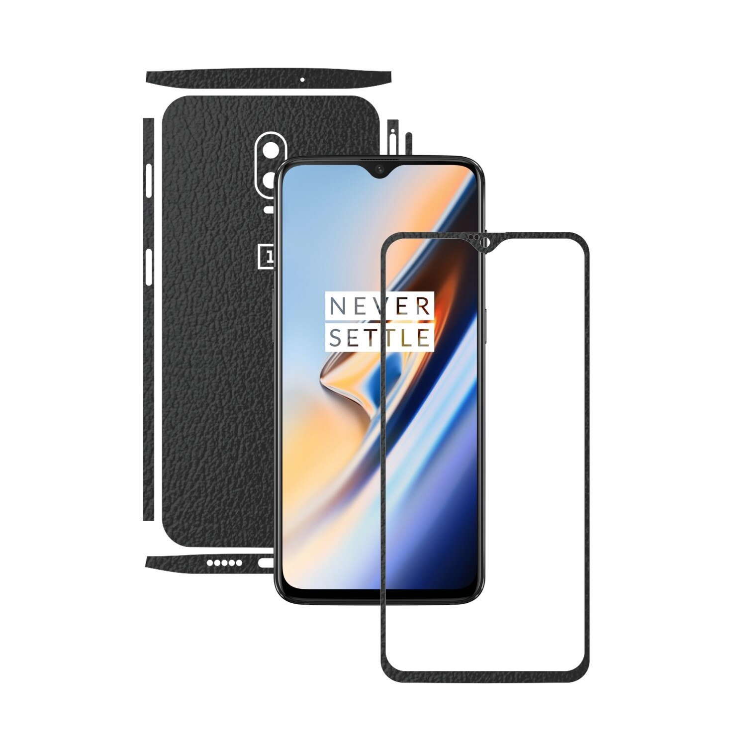 Folie Protectie Carbon Skinz pentru OnePlus 6T - Piele Neagra Split Cut, Skin Adeziv Full Body Cover pentru Rama Ecran, Carcasa Spate si Laterale