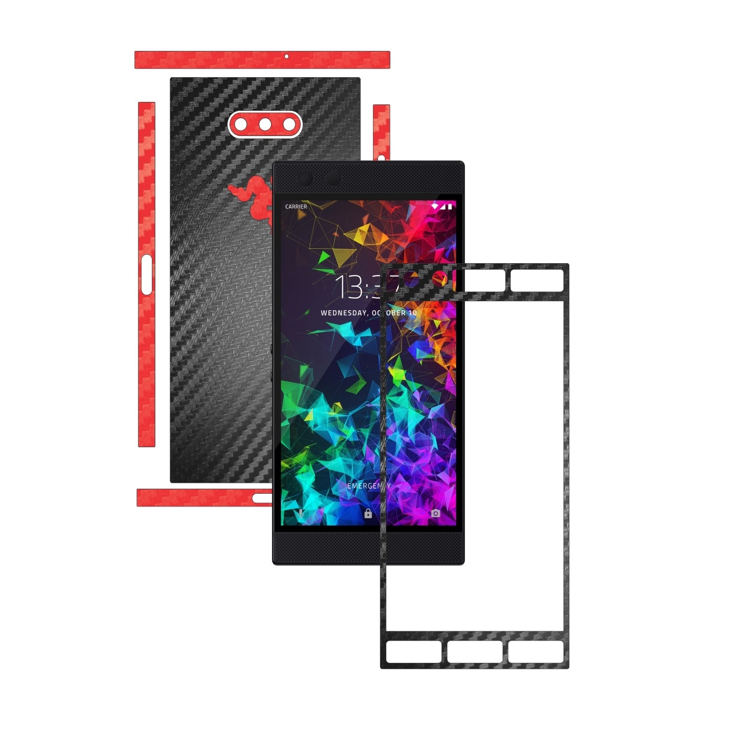 Folie Protectie Carbon Skinz pentru Razer Phone 2 - Carbon Two Tone Negru / Rosu, Skin Adeziv Full Body Cover pentru Rama Ecran, Carcasa Spate si Laterale