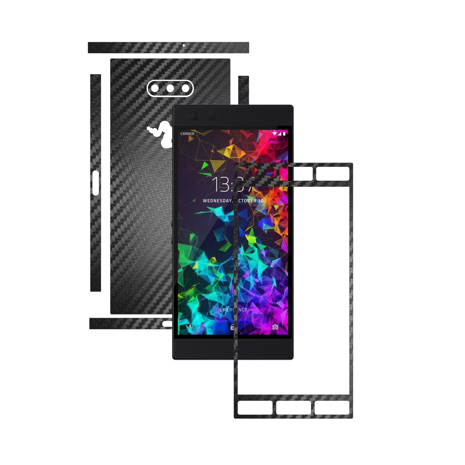 Folie Protectie Carbon Skinz pentru Razer Phone 2 - Carbon Negru Split Cut, Skin Adeziv Full Body Cover pentru Rama Ecran, Carcasa Spate si Laterale