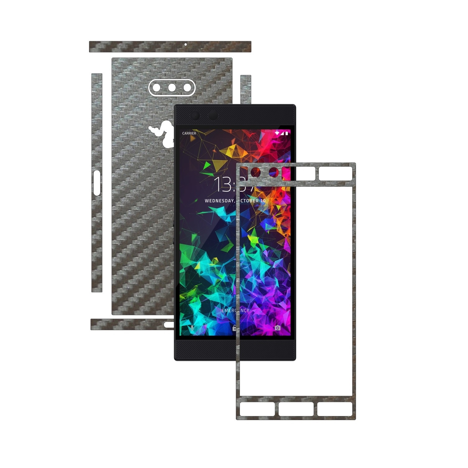 Folie Protectie Carbon Skinz pentru Razer Phone 2 - Carbon Gri Argintiu Split Cut, Skin Adeziv Full Body Cover pentru Rama Ecran, Carcasa Spate si Laterale