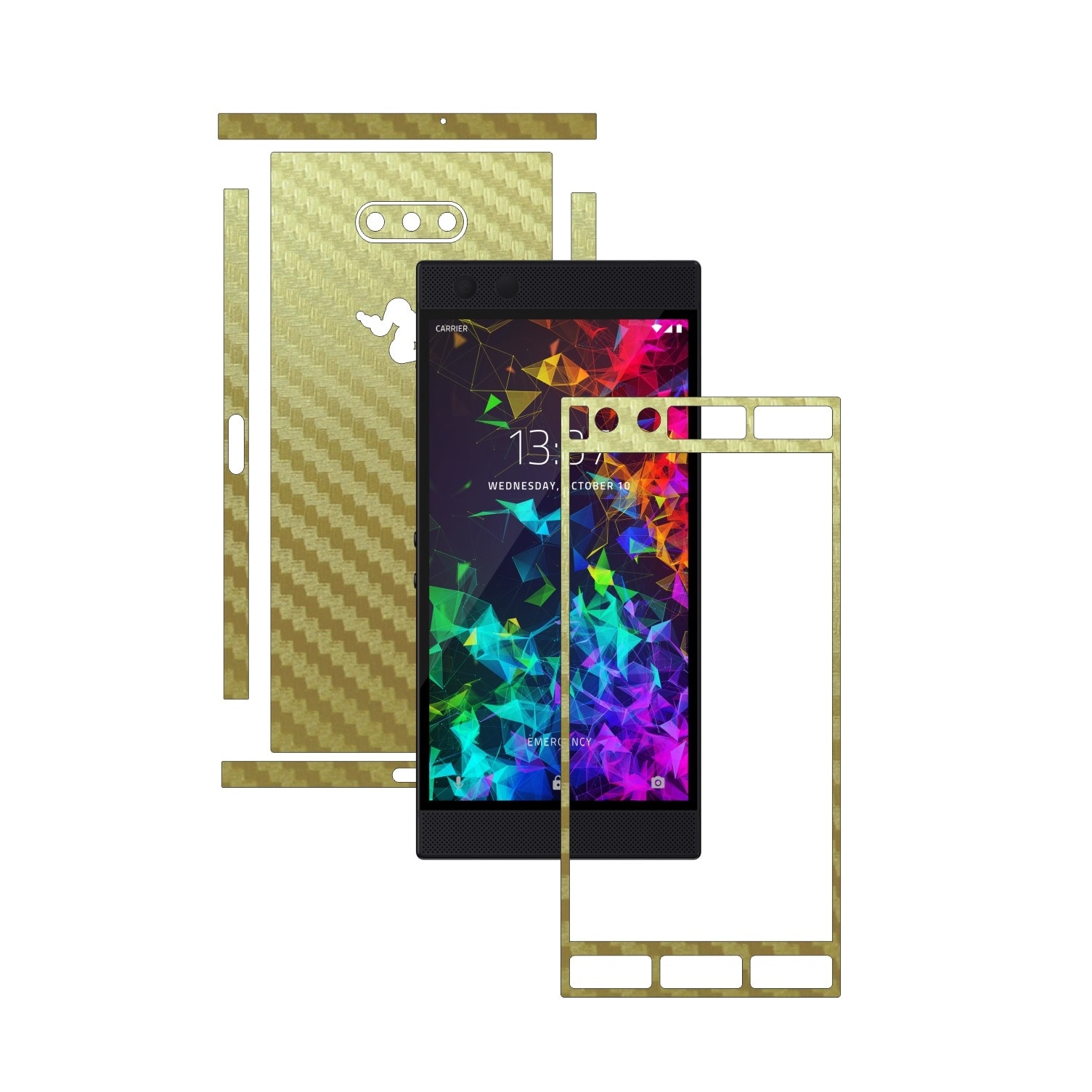 Folie Protectie Carbon Skinz pentru Razer Phone 2 - Carbon Auriu Split Cut, Skin Adeziv Full Body Cover pentru Rama Ecran, Carcasa Spate si Laterale