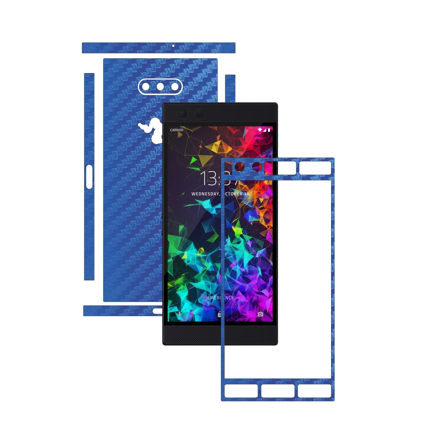 Folie Protectie Carbon Skinz pentru Razer Phone 2 - Carbon Albastru Split Cut, Skin Adeziv Full Body Cover pentru Rama Ecran, Carcasa Spate si Laterale