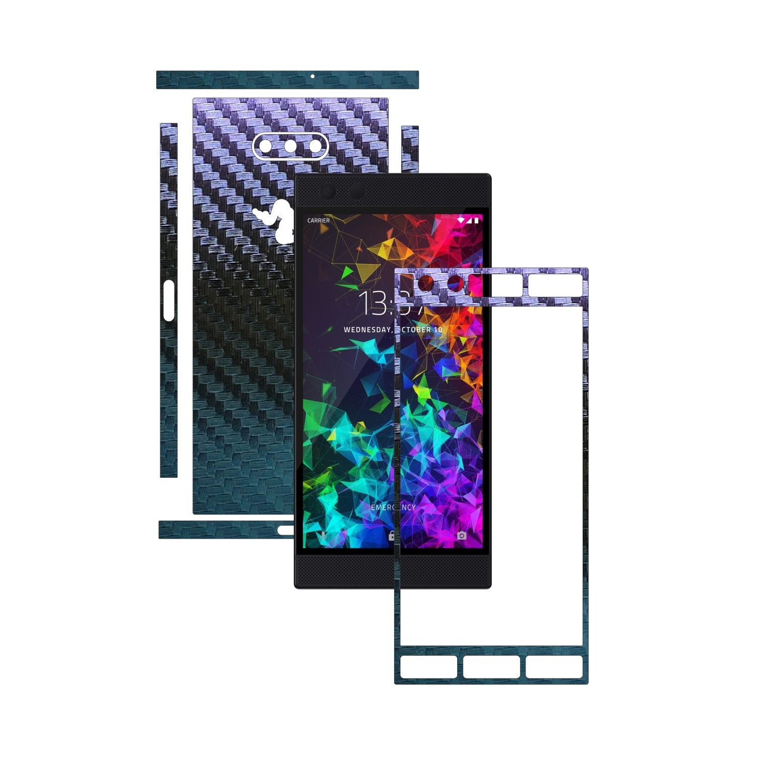 Folie Protectie Carbon Skinz pentru Razer Phone 2 - Carbon Cameleon Split Cut, Skin Adeziv Full Body Cover pentru Rama Ecran, Carcasa Spate si Laterale