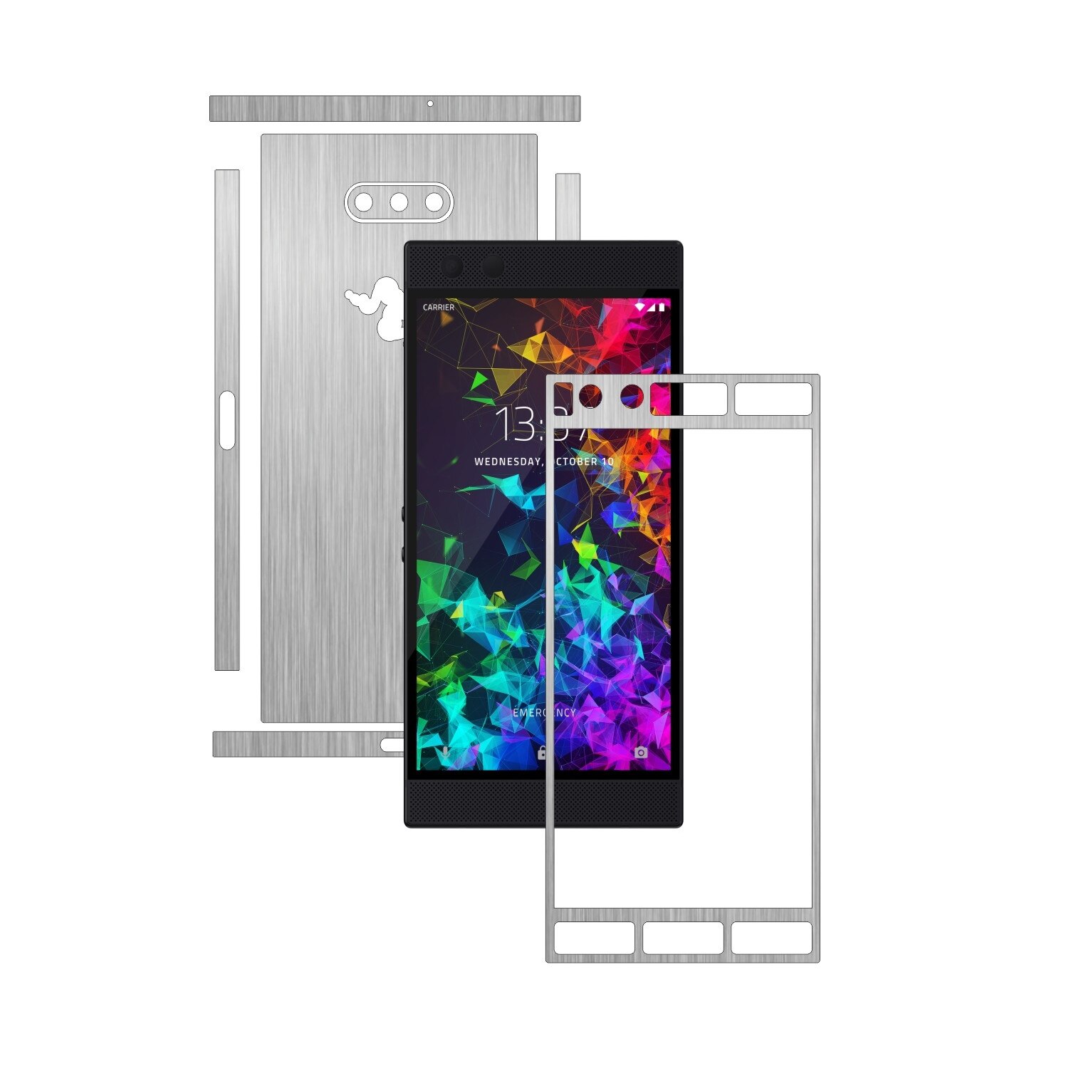 Folie Protectie Carbon Skinz pentru Razer Phone 2 - Brushed Argintiu Split Cut, Skin Adeziv Full Body Cover pentru Rama Ecran, Carcasa Spate si Laterale